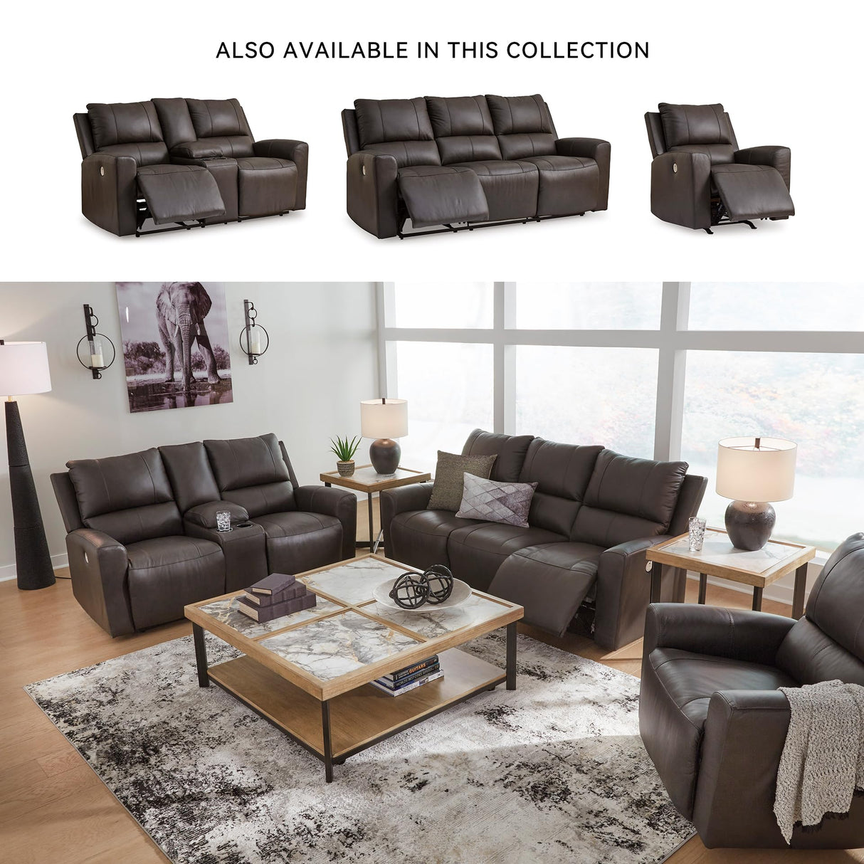 Signature Design by Ashley Boxmere Modern Leather Match Power Reclining Loveseat with Console and USB Ports, Dark Brown Signature Design by Ashley