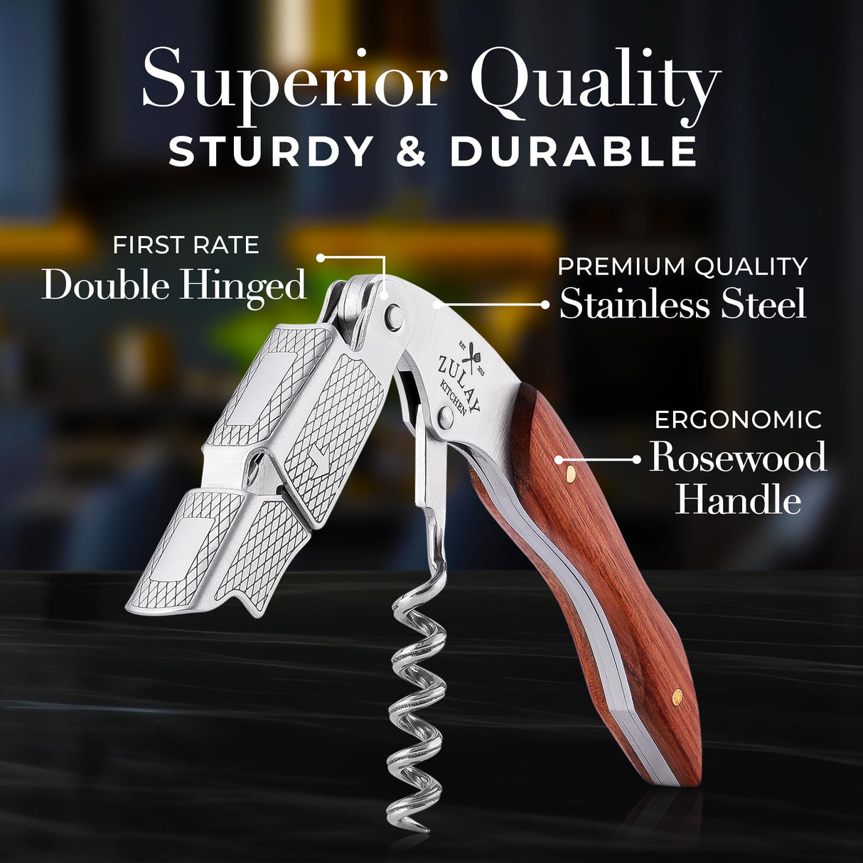 Zulay Kitchen Corkscrew Wine Opener - Premium 420 Stainless Steel & Rosewood Wine Bottle Opener - Double Hinged Opener with Foil Cutter & Cap Remover - Rosewood Zulay Kitchen