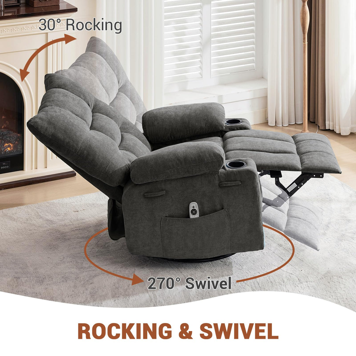 Garvee Swivel Rocker Recliner Chair with Heat and Massage, 360 Degree Swivel Rocking Single Sofa with Cup Holders, Oversized Single Sofa Seat, Lazy Boy Recliner Chairs for Living Room Garvee