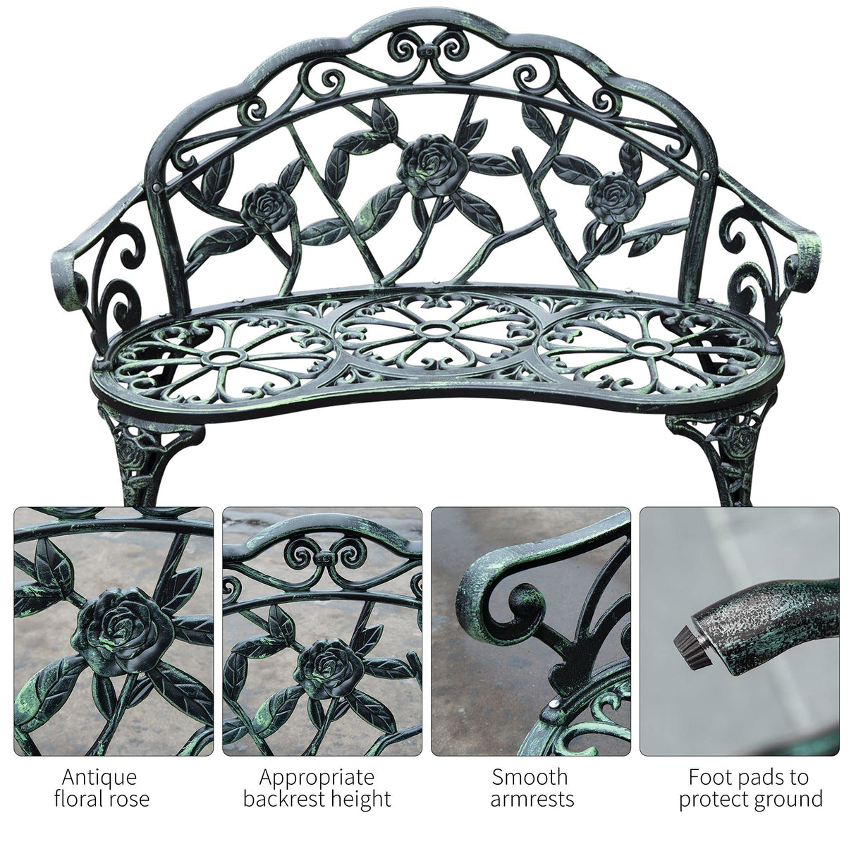 Outsunny Outdoor Bench, Cast Aluminum Outdoor Furniture, Metal Bench with Floral Rose Accent & Antique Finish, Green Outsunny