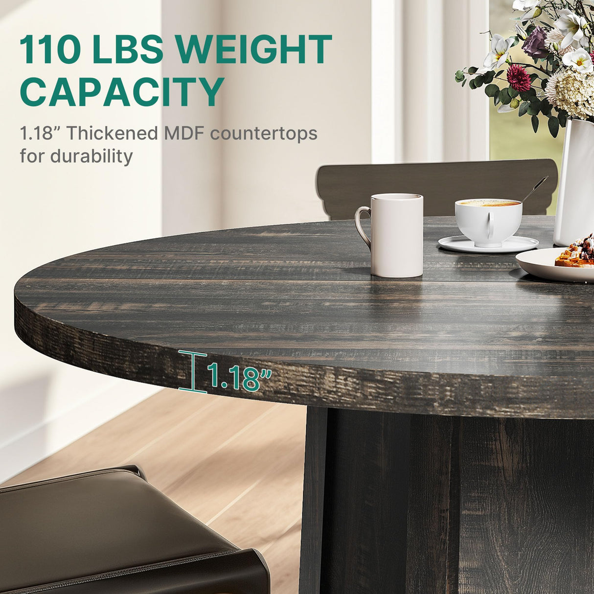 DWVO 47" Round Dining Table for 4-6 People Farmhouse Industrial Dinning Room Table with 1.18" Thickness Wood Grain Tabletop Rustic Circle Dining Table with Hexagonal Base for Eating Dinner Grey DWVO