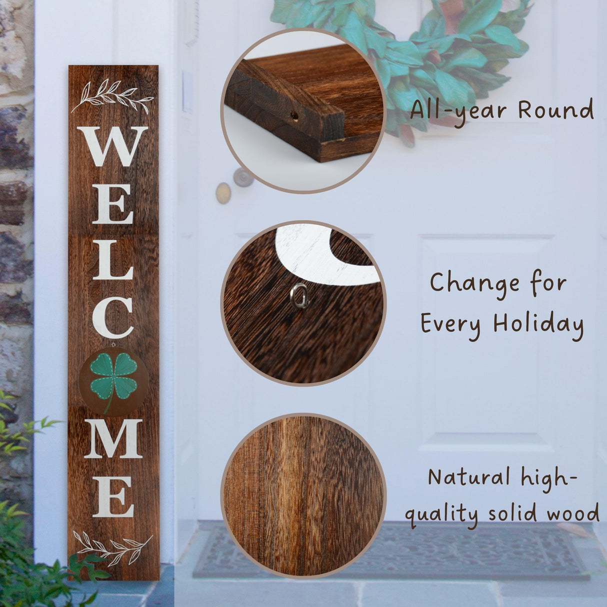 Perfnique Interchangeable Welcome sign for front porch standing, 47 x 7.9 Inch Black Wooden Leaner Sign with 10 Interchangeable Designed Icons, Morden Farmhouse Rustic Seasonal Decor for Spring PERFNIQUE