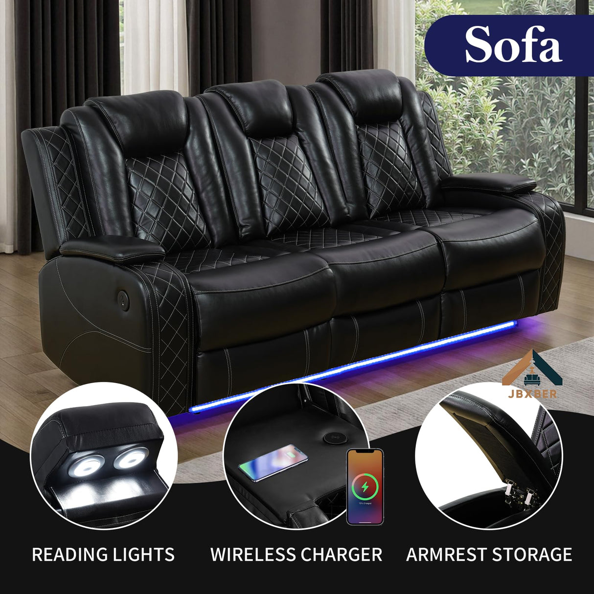 JBXBER Power Recliner Sofa Sets for Living Room, Leather Recliner Sofa Set with LED Light, Console Storage, Cup Holder for Home Theater Seating(Sofa and Loveseat,Black) JBXBER