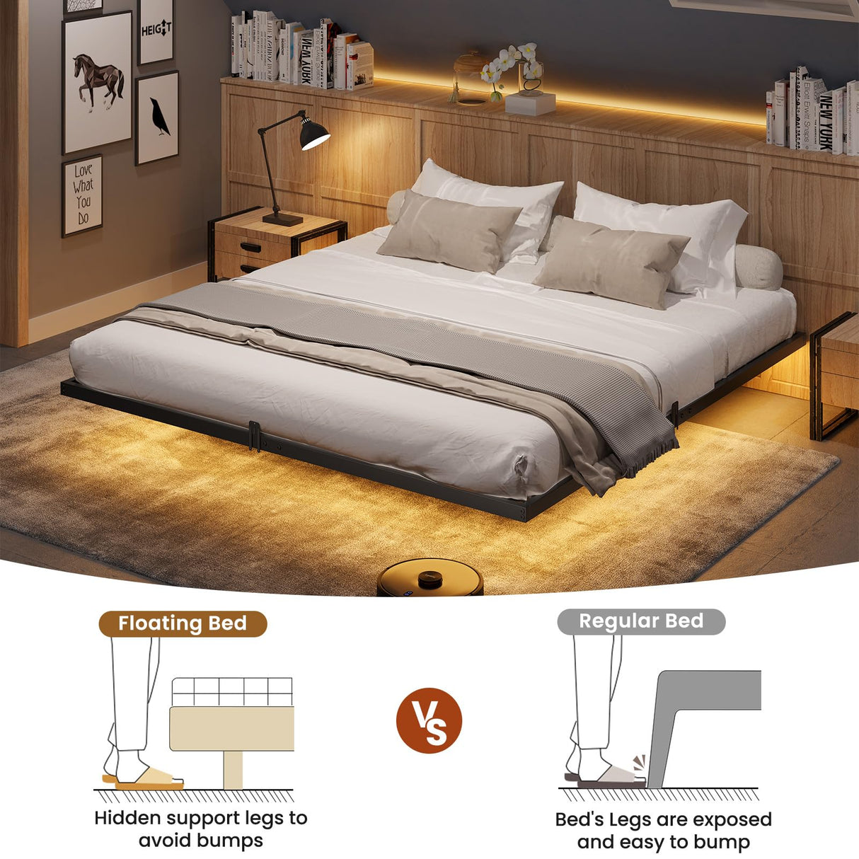 DICTAC King Size Floating Bed Frame with LED Lights and Heavy Duty Steel Support, Black DICTAC