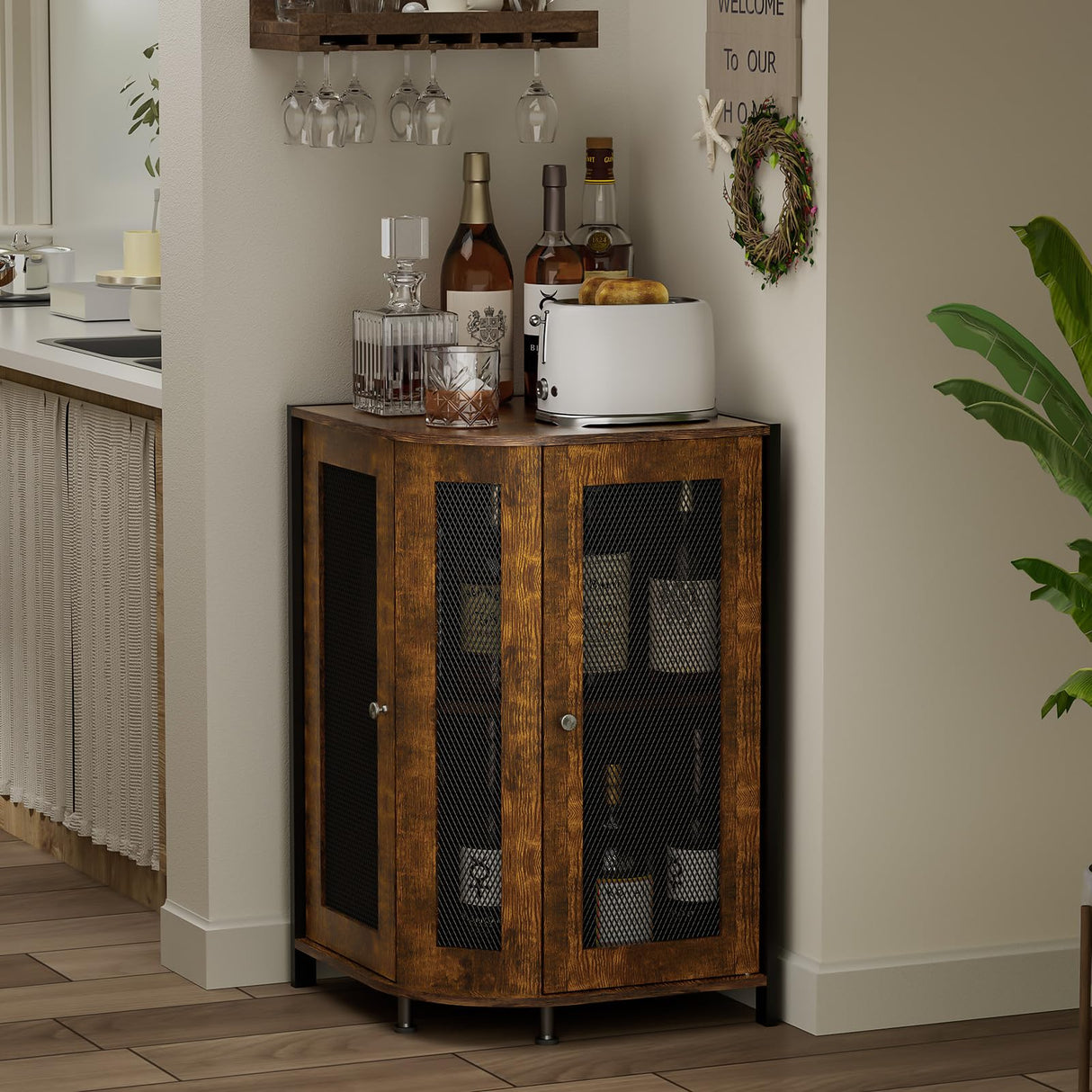 JKsmart Corner Storage Cabinet with Open Shelf, 3-Tier Industrial Wine Bar Cabinet with Door, Industrial Corner Cabinet for Kitchen, Living Room, Dining Room, Rustic Brown JKsmart