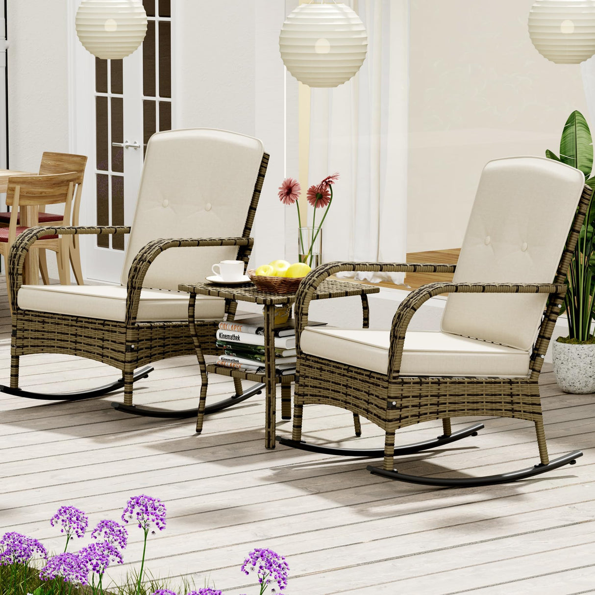 BALDPER 3 Pieces Patio Conversation Set, Outdoor Rocking Chairs, Wicker Bistro Set, Outdoor Furniture Set with Porch Chairs and Coffee Table for Deck Garden Poolside, Beige BALDPER