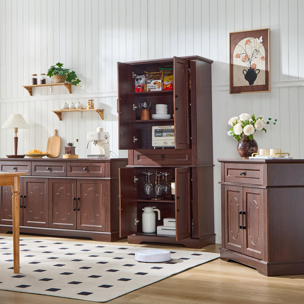 71" Tall Pantry Cabinet with Drawer and Adjustable Shelves, Modern Storage Cabinet with Doors, Kitchen Buffet Cabinet, Food Pantry Storage Cabinet, Coffee Bar, Living Room and Dining Room Cherry LIDYUK