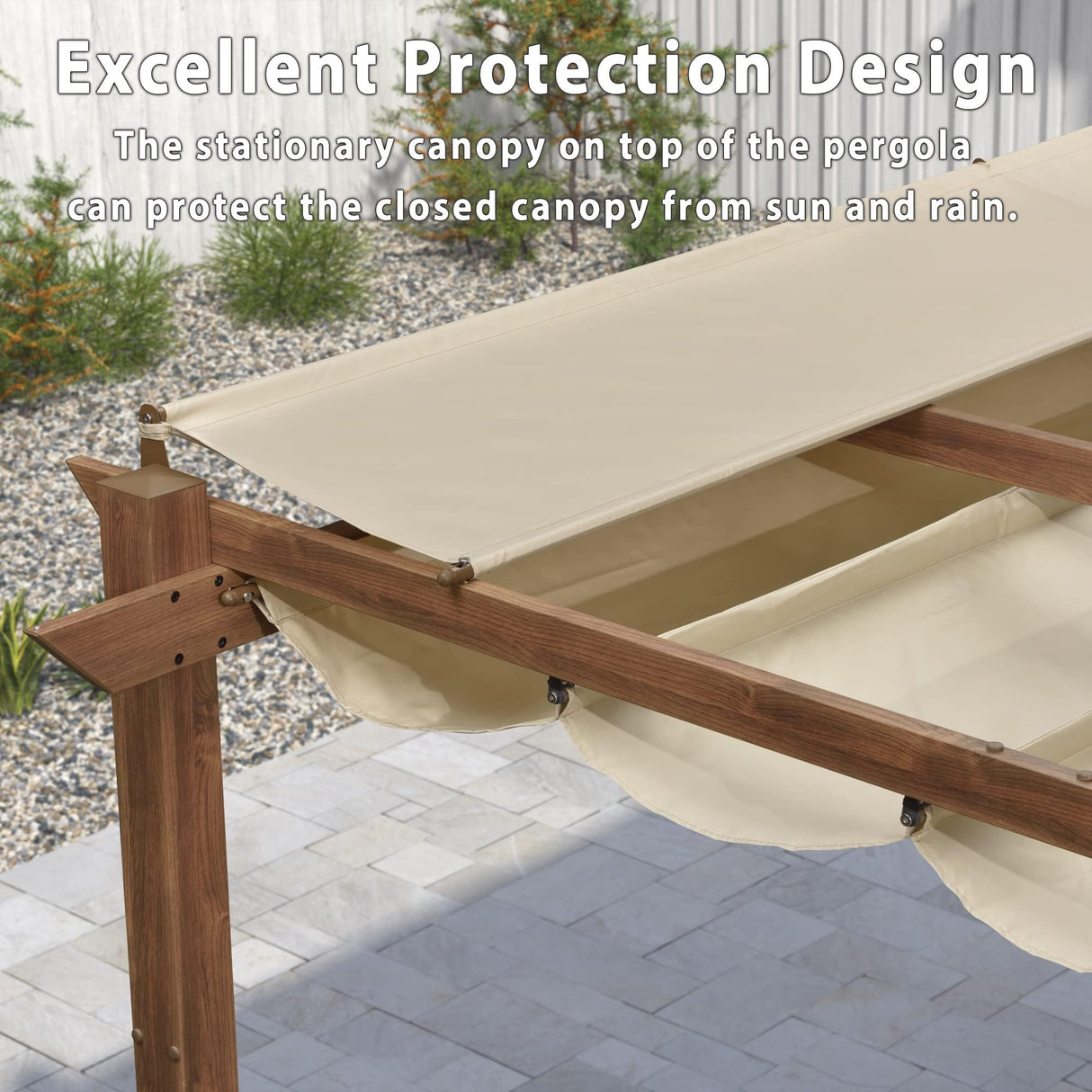 PURPLE LEAF 10' x 13' Outdoor Retractable Pergola with Sun Shade Canopy Patio Metal Shelter for Garden Porch Pavilion Natural Wood Grain Frame Modern Yard Grill Pergola with 24 LED String Lights Khaki PURPLE LEAF