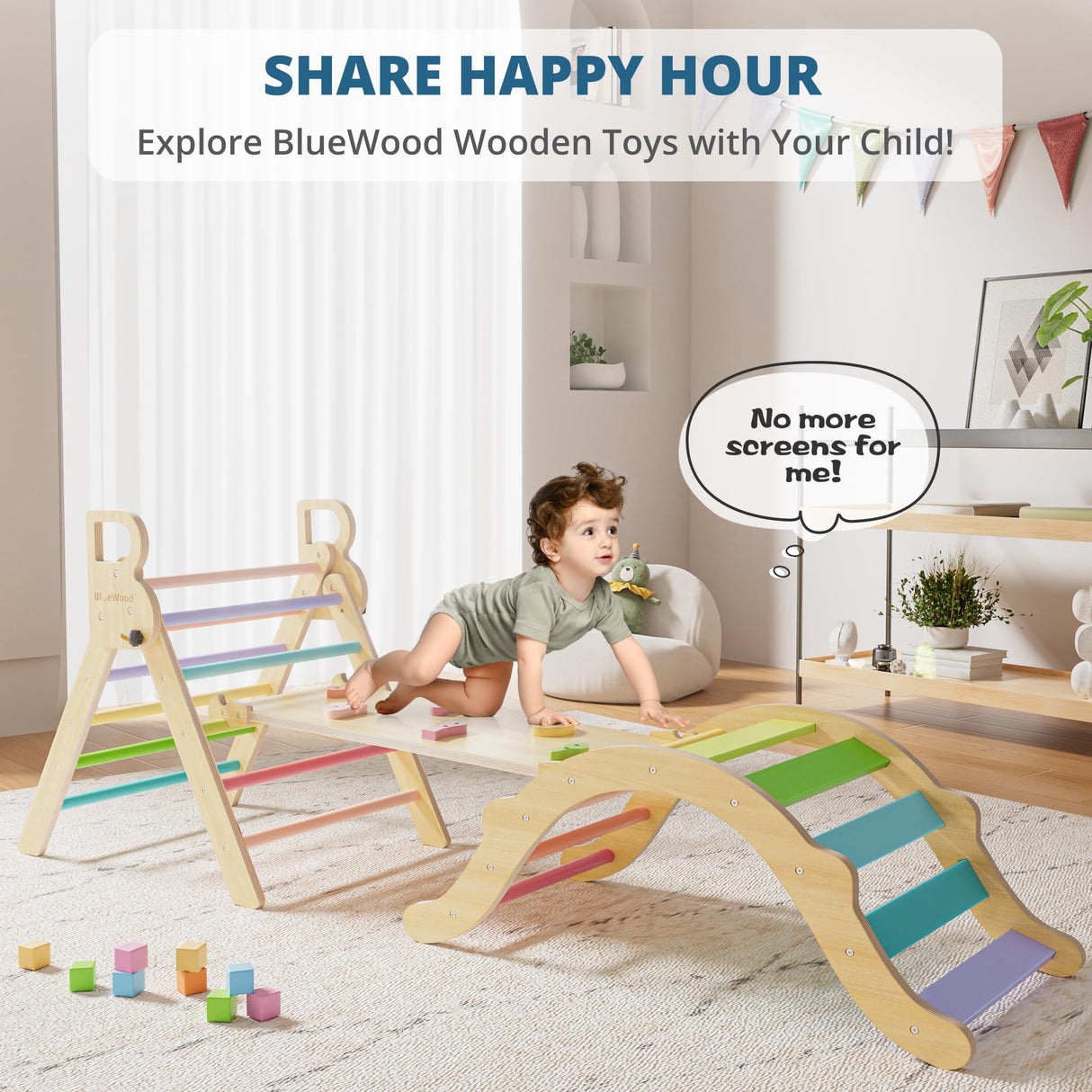 BlueWood Pikler Triangle Set, Toddler Wooden Climbing Toys Indoor 7in1 Foldable Climber for Kids, Montessori Philosophy Play Jungle Gym with Arch, Ramp, Ladder (Colorful Spring) BlueWood