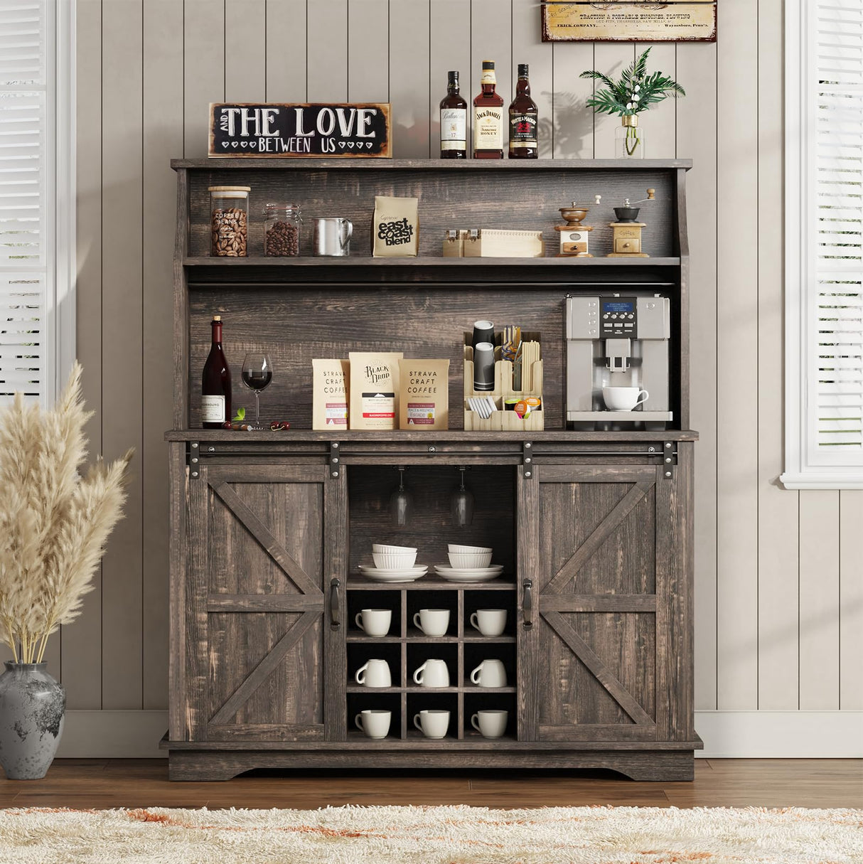47" Farmhouse Coffee Bar with 3-Tier Storage, Kitchen Hutch with 12 Wine Racks & 3 Glass Holders, Coffee Hutch Cabinet with 6 Hooks, Wine Bar Cabinet for Kitchen, Dining Room, Living Room, Rustic Oak REVOMINCA