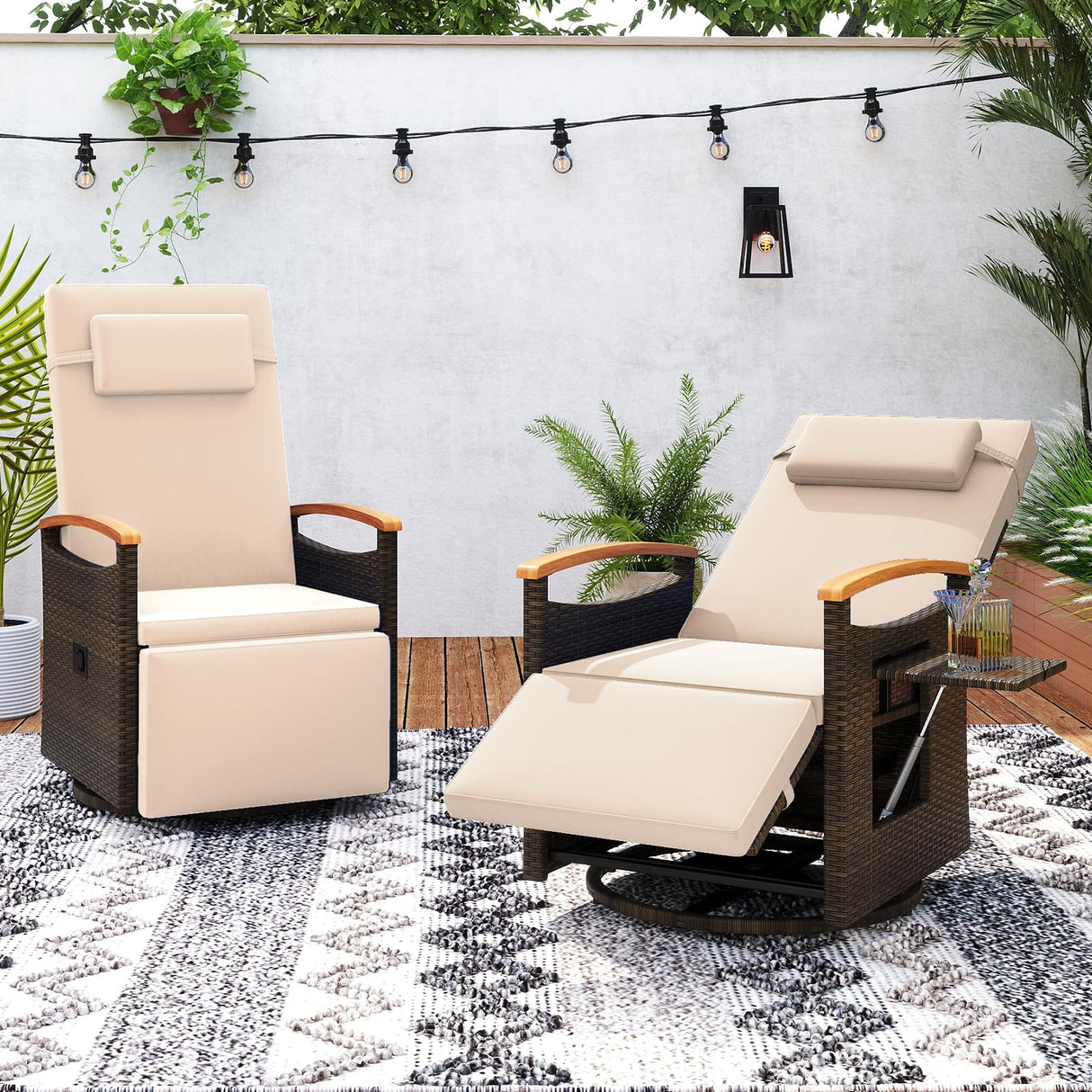 Tangkula Patio Rattan 360 Degree Swivel Recliner Chair, Wicker Lounge Chair w/Adjustable Backrest & Footrest, Cushioned Push Back Reclining Seat w/Flip Side Table for Porch, Yard, Lawn (1, Beige) Tangkula
