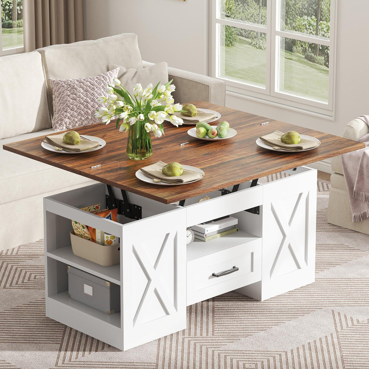 kepptory 39.4'' Lift Top Coffee Table with Storage, 4 in 1 Multi-Function Convertible Coffee Tables for Living Room, Farmhouse Coffee Table with Open Storage Compartment & Drawers (Brown&White) kepptory
