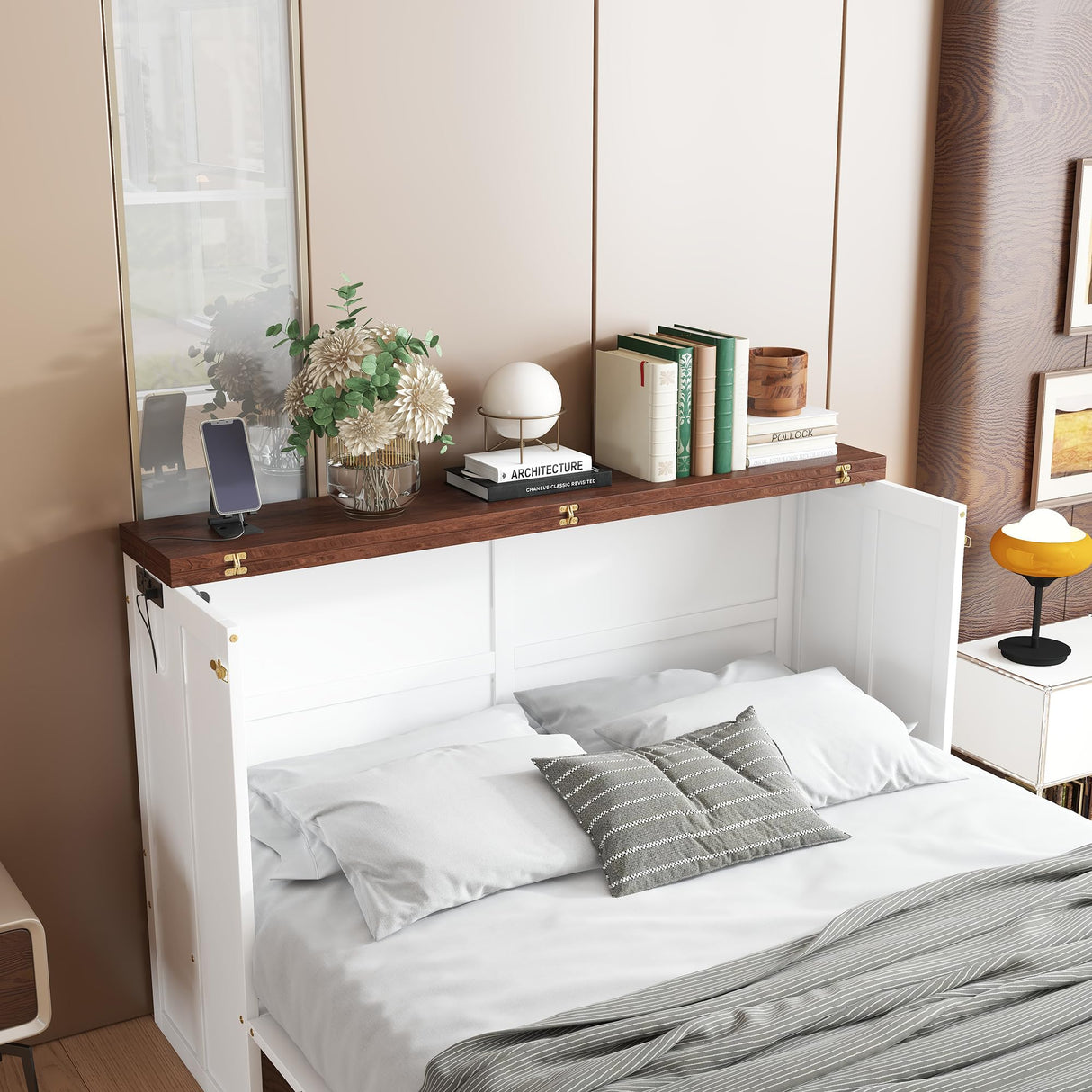 Queen Size Murphy Bed Cabinet, Murphy Bed Cabinet with Storage Drawer and Charging Station, USB Port, Solid Pine Wood Murphy Bedframe for Home Office Studio Guest Room, White Walnut RuiSiSi