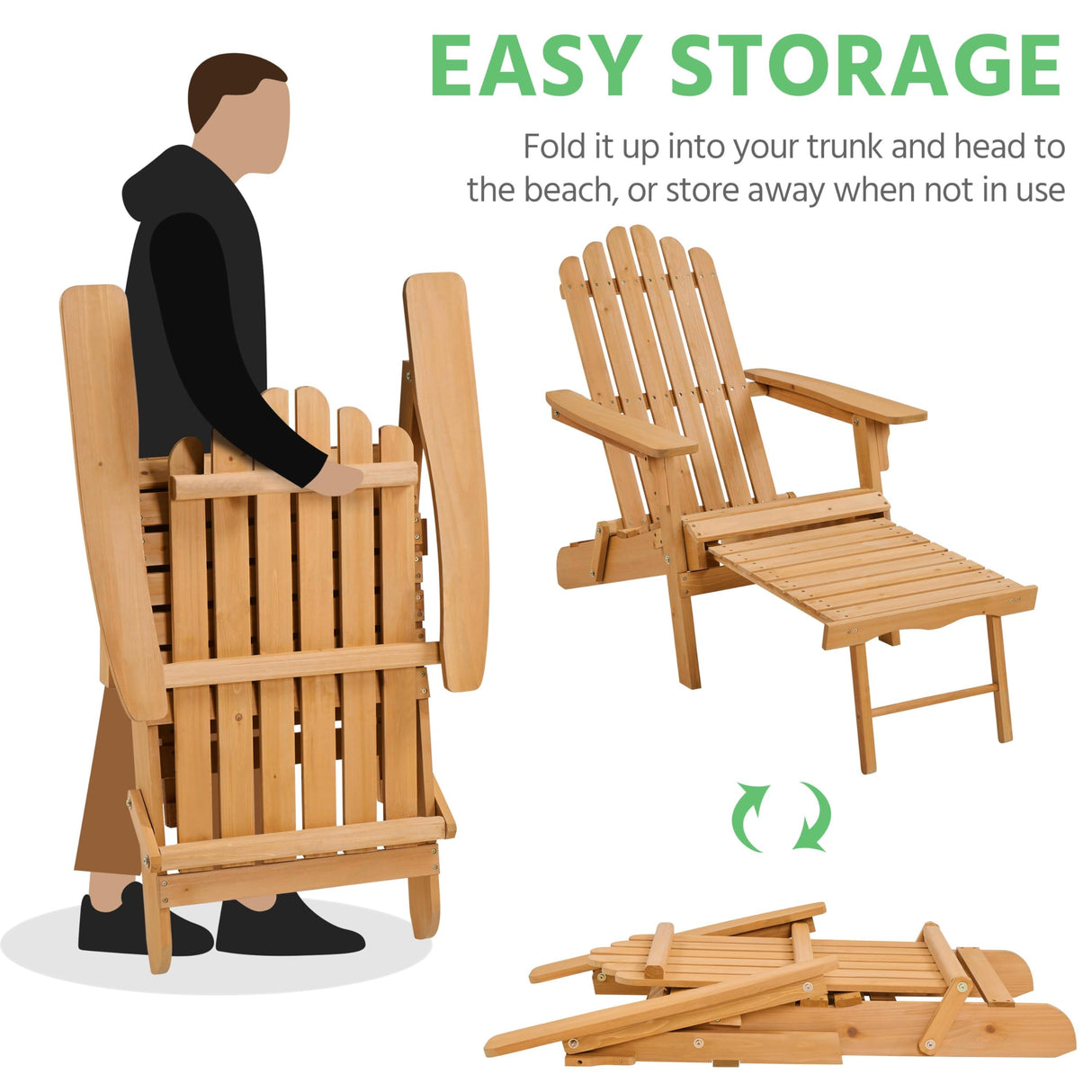 Yaheetech Folding Adirondack Chair with Retractable Ottoman 300lb Solid Wood Garden Chair, Fire Pit Lounge Chairs Weather Resistant Furniture for Garden/Yard/Patio/Lawn, Set of 1 Yaheetech