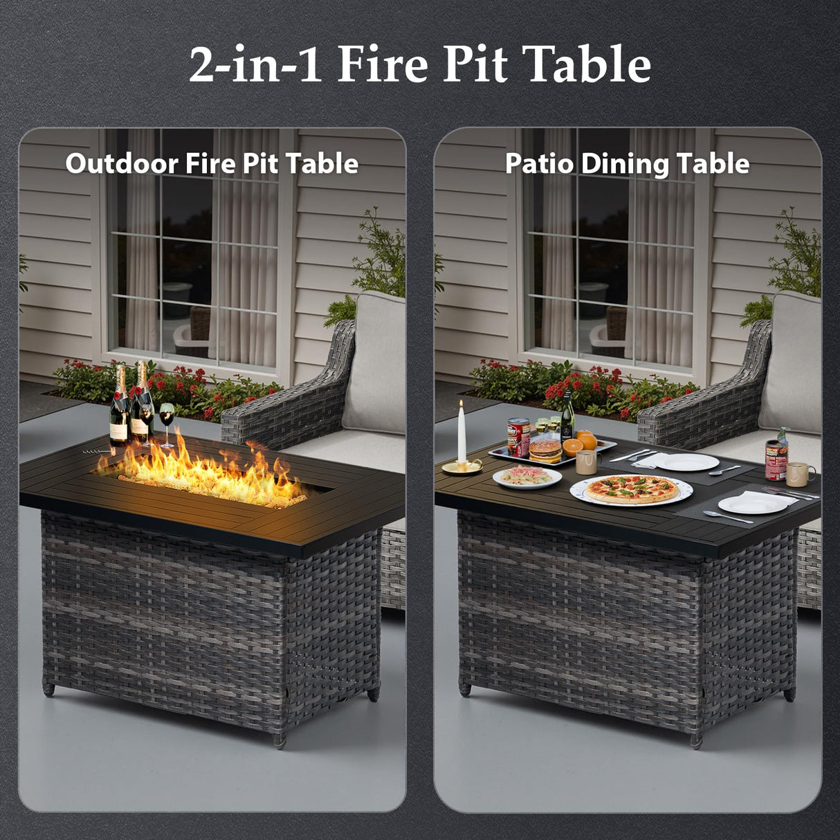AMCLOBA Patio Furniture Set with 42.5" Fire Pit Table-6 Pieces All Weather Wicker Outdoor Furniture with High Back Swivel Patio Chairs Set of 2 Outdoor Couch for Deck Balcony Backyard Beige/Gray AMCLOBA