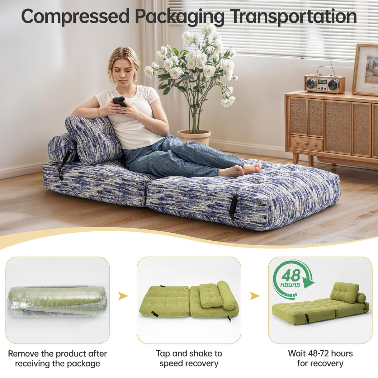 Airynee Folding Sofa Bed, Convertible Sleeper Chair Bed, Floor Couch for Adults with Back Support and Pillow, Comfy Floor Sofa Lounge for Small Spaces, Zha Blue Airynee