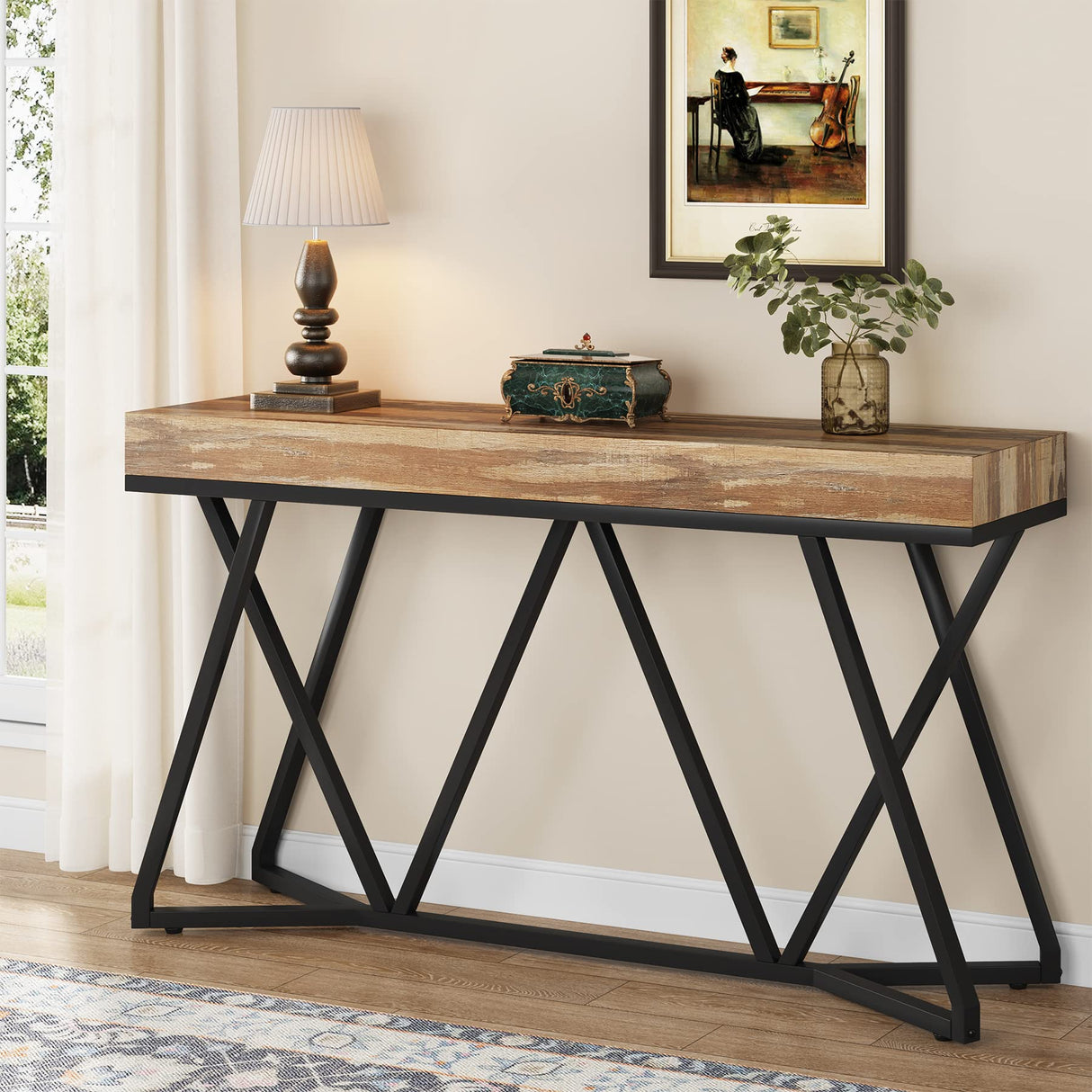 Tribesigns 55 Inches Console Table, Farmhouse Sofa Table Wood Entryway Table with Unique Metal Base, Behind The Couch Table Foyer Table, Industrial Accent Table for Hallway, Living Room, Entrance Tribesigns