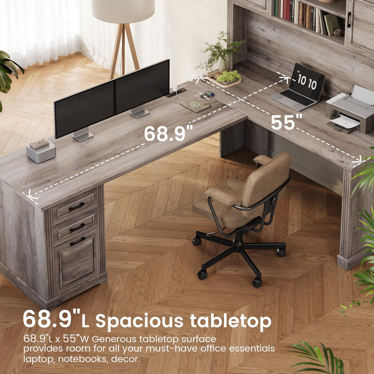 Itaar Farmhouse Executive L Shaped Desk, Home Office Desk with File Drawer and Power Outlet, Computer Corner Desk with Hutch and Drawer, Workstation for Office Home, Grey Itaar