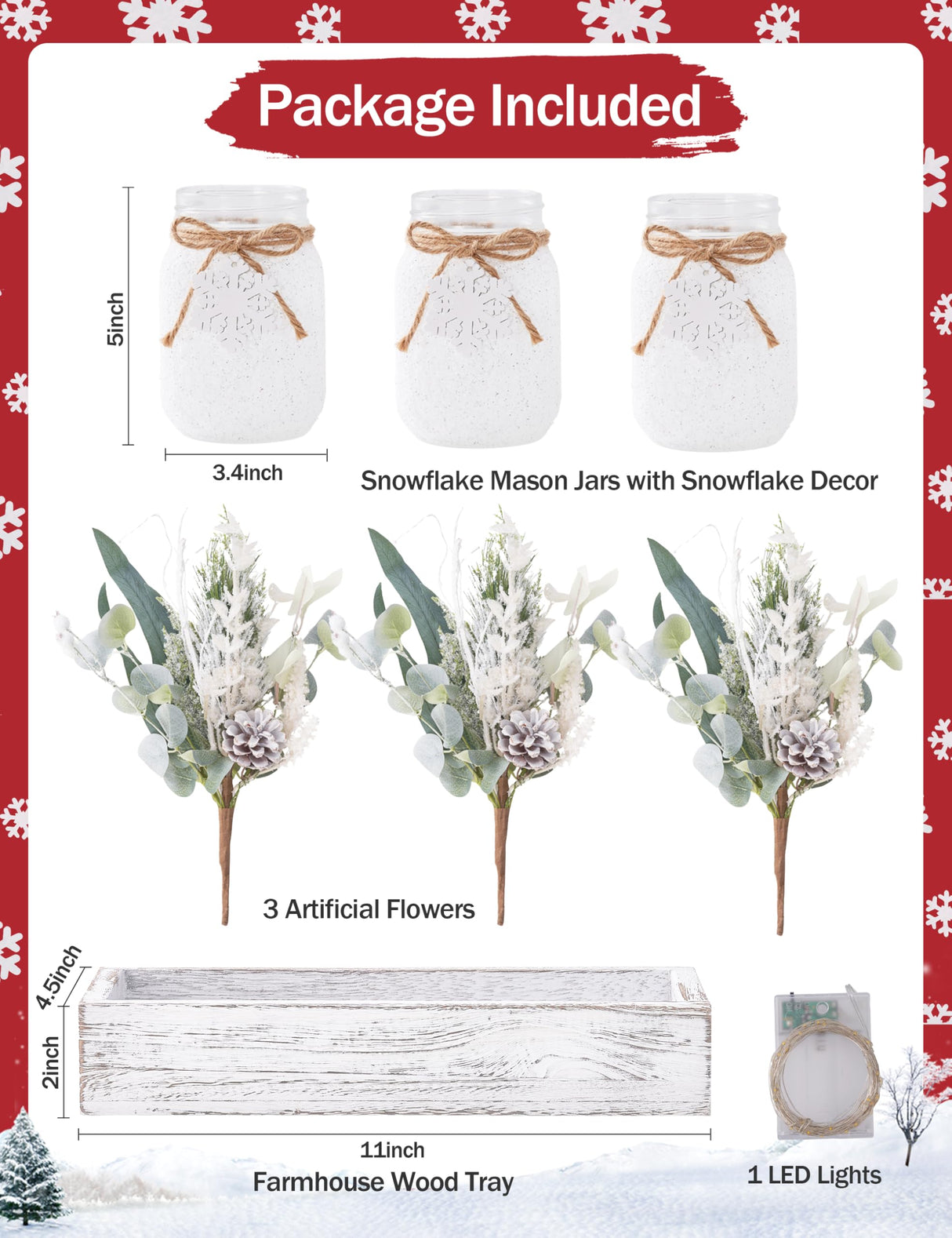 KIVIVO Winter Centerpieces for Tables, Table Decor with Mason Jar, Flowers Picks, Farmhouse Wood Tray, Snowflake Sign, 22 Pcs Christmas Winter White Wonderland Table Decorations Centerpieces for Home KIVIVO