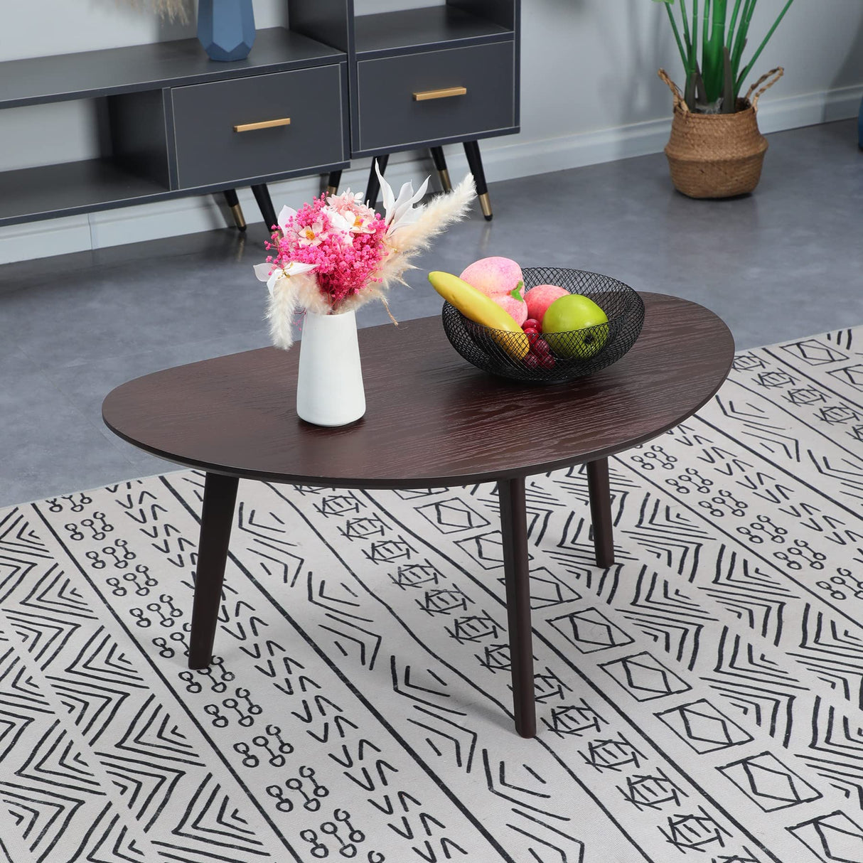 FIRMINANA Small Oval Coffee Table for Living Room,Mango Tabletop Mid Century Modern Coffee Table,Espresso,18.9" D x 33.47" W x 15.75" H FIRMINANA