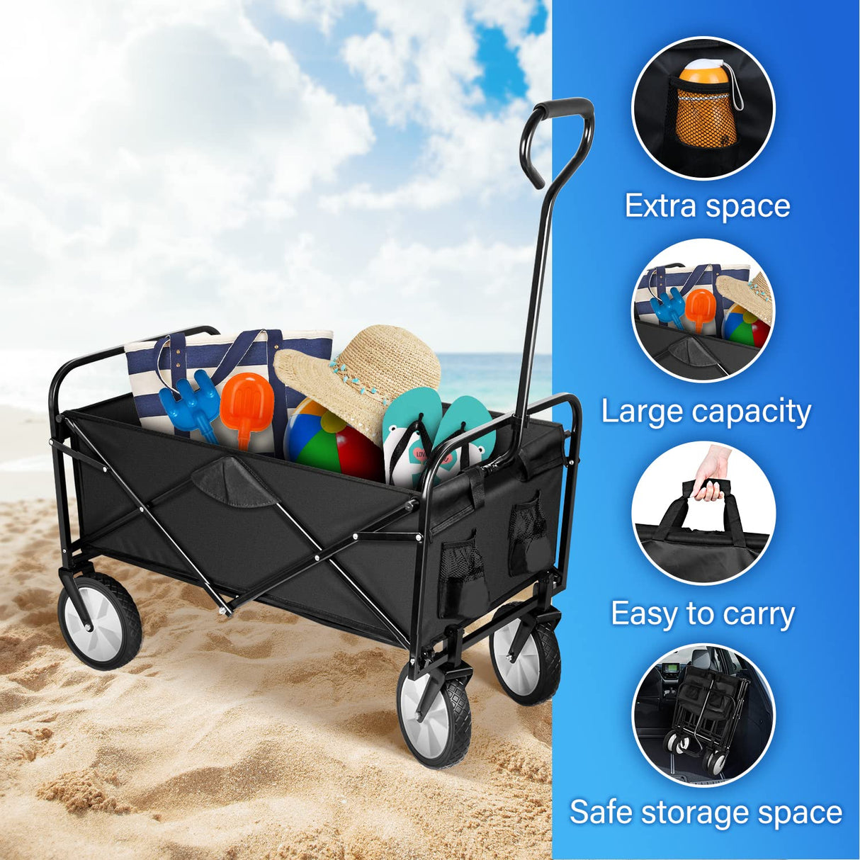 YSSOA Rolling Folding & Rolling Collapsible Garden Cart, Outdoor Camping Wagon Utility with 360 Degree Swivel Wheels & Adjustable Handle, Black 220lbs Weight Capacity YSSOA