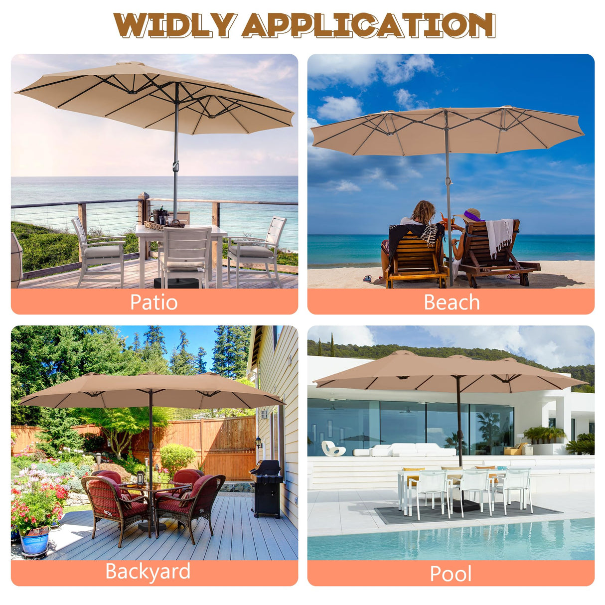 AONETOZ 15ft Large Patio Umbrella,Double Sided Big Umbrella For Patio,Extra Large Outdoor Umbrella,Khaki AONETOZ