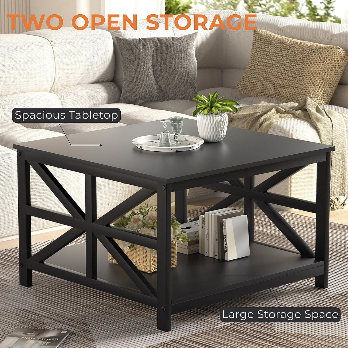 GreenForest Coffee Table with Storage for Living Room, Small Square Center Tables with Seamless One-Piece Tabletop Farmhouse Style, Black GreenForest
