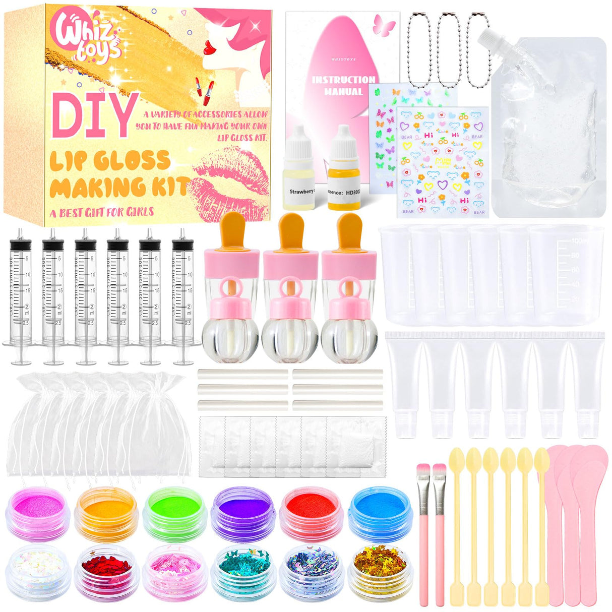 WhizToys DIY Lip Gloss Making Kit 74 PCS, Yellow Kids Lip Gloss Supplies Set Beginner, Fun Craft Set Moisturizing Base, Gift for Girls, Kids, Teenagers, Women WhizToys