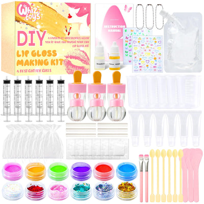 WhizToys DIY Lip Gloss Making Kit 74 PCS, Yellow Kids Lip Gloss Supplies Set Beginner, Fun Craft Set Moisturizing Base, Gift for Girls, Kids, Teenagers, Women