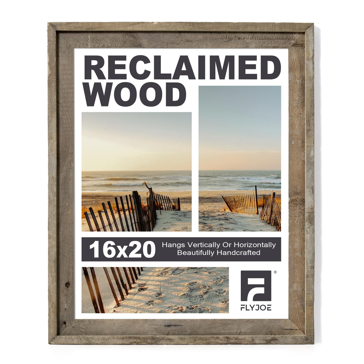 Rustic 16x20 Picture Frame, Reclaimed Barnwood Frame with Tempered Glass, Distressed Gallery Frame Set, Mounting or Table Display for Photos Posters FLYJOE