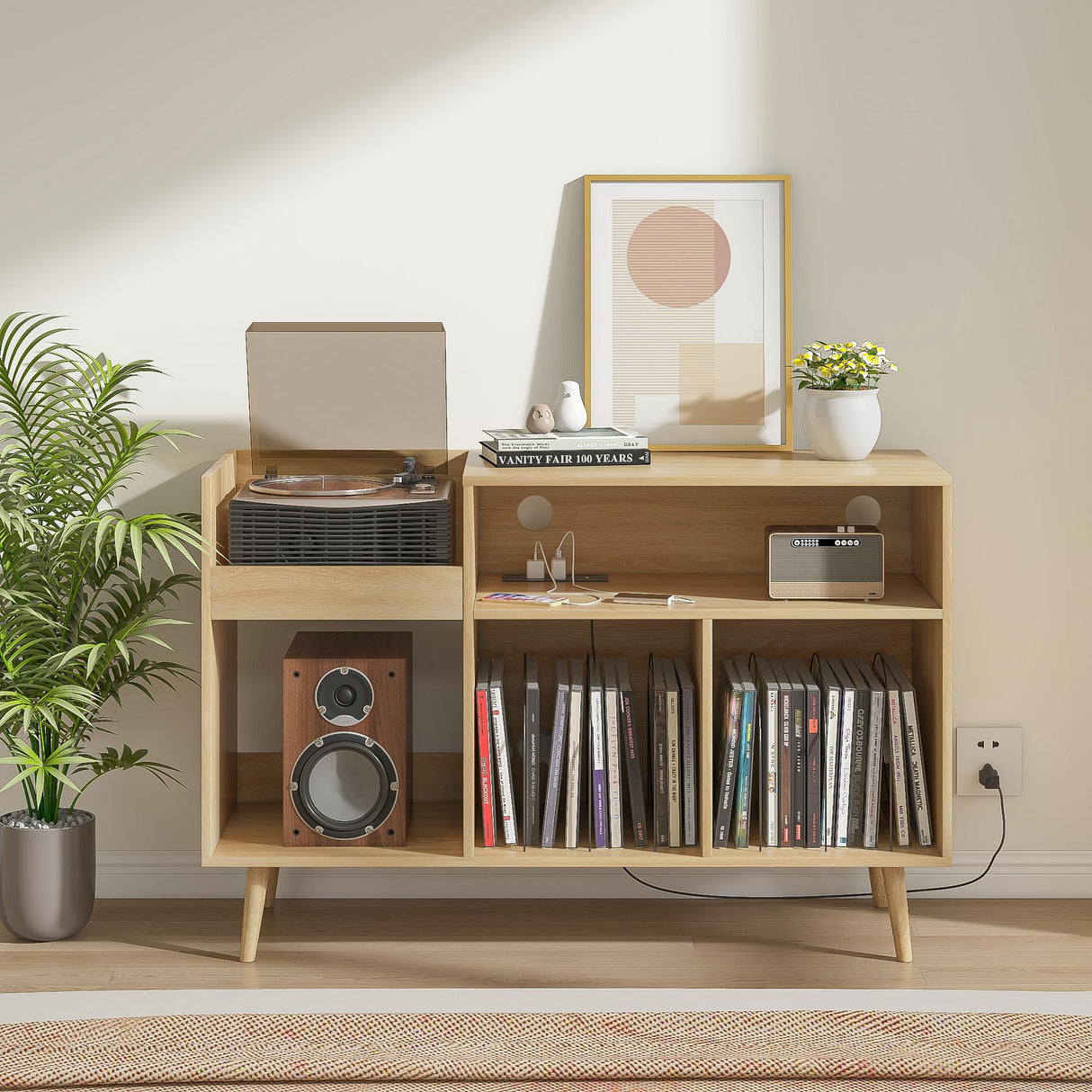 Record Player Stand with Charging Station & USB Ports, Mid-Century Turntable Stand Table Holds Up to 300 Albums, Vinyl Record Storage Cabinet with Wood Legs for Living Room Office (Wood) Oubayajia