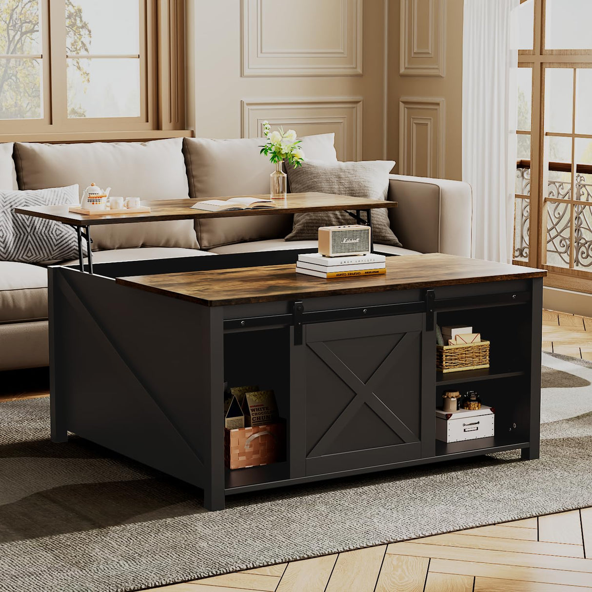 VENDORZ 31" Lift Top Coffee Table with Storage, Black Coffee Table with Lifting Top for Living Room, Farmhouse Coffee Table with Large Hidden Storage Compartment, Living Room Wood Rustic Table VENDORZ