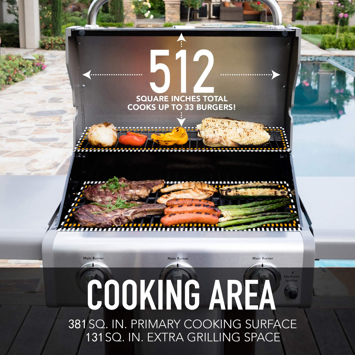 Kenmore 3-Burner Propane BBQ Grill, 30,000 BTUs Gas Grill with Cast Iron Cooking Grates, Folding Side Tables & Wheels, Outdoor Grill with Tool Hooks, Black Kenmore