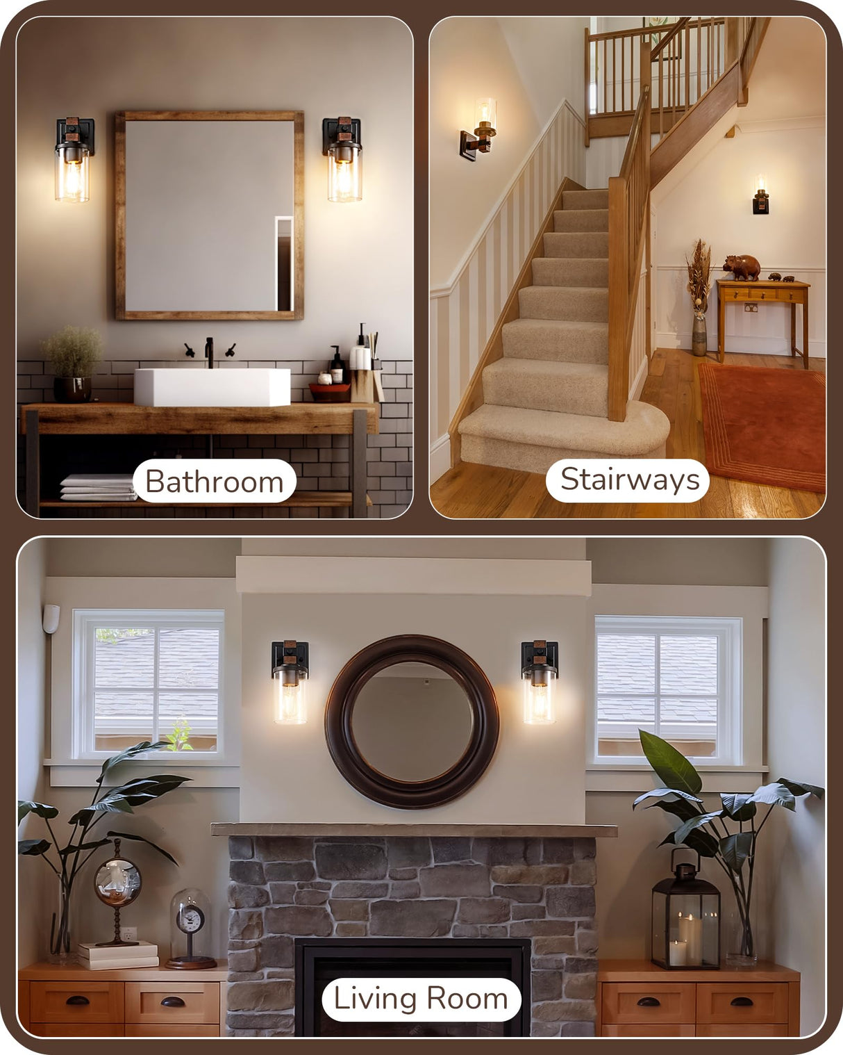 EDISHINE Wall Sconces Set of 2, Farmhouse Vanity Lights Fixtures for Bathroom, 1-Light Faux Wood Rustic Bath Wall Mount Lamp with Clear Glass Shade for Hallway, Living Room, Mirror, Kitchen EDISHINE