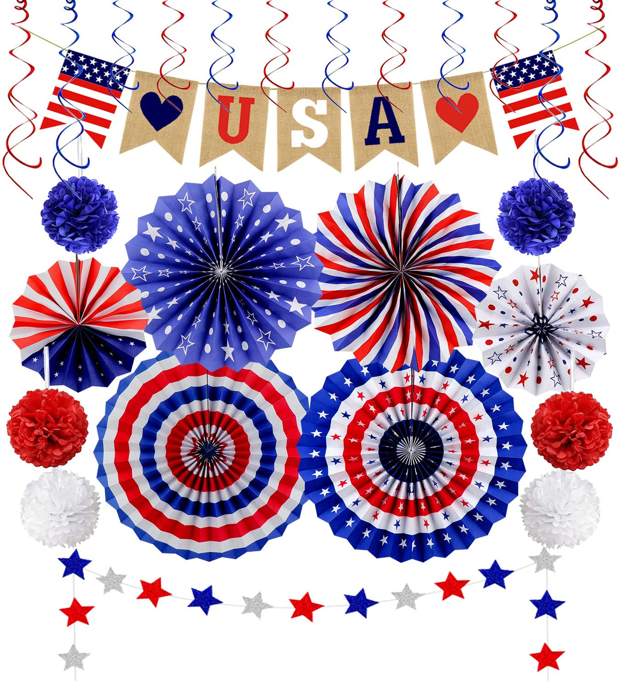 Labrostar 26Pcs Patriotic Decorations - Red, White & Blue USA Flag Party Pack for Fourth of July, Includes Paper Fans, Pom Poms, Hanging Swirls, Banner & Star Streamer Labrostar