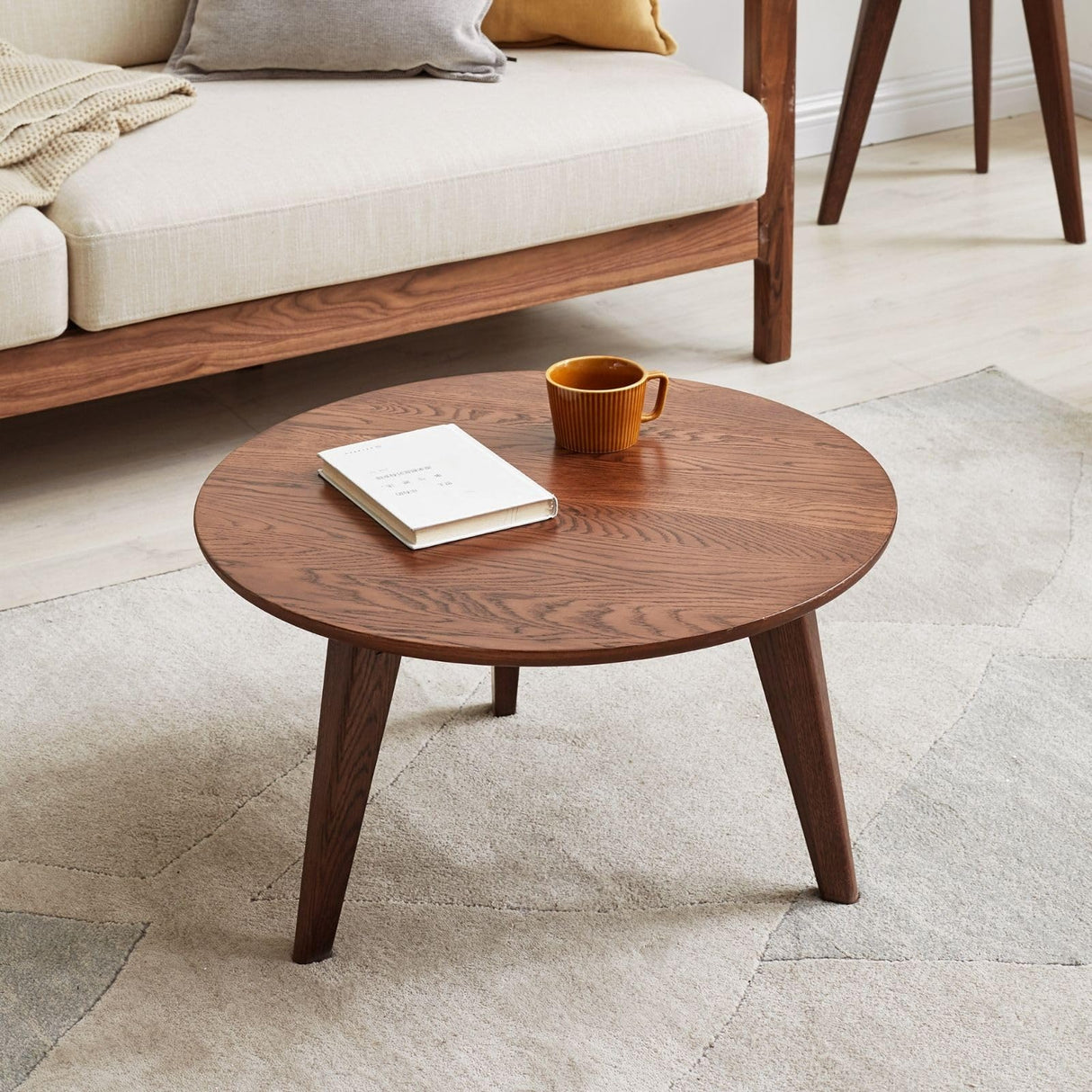 Vadisun 100% FAS Solid Oak Wood Mini Coffee Table - Natural Walnut Finish Round Coffee Table-Low Tea Table Vadisun