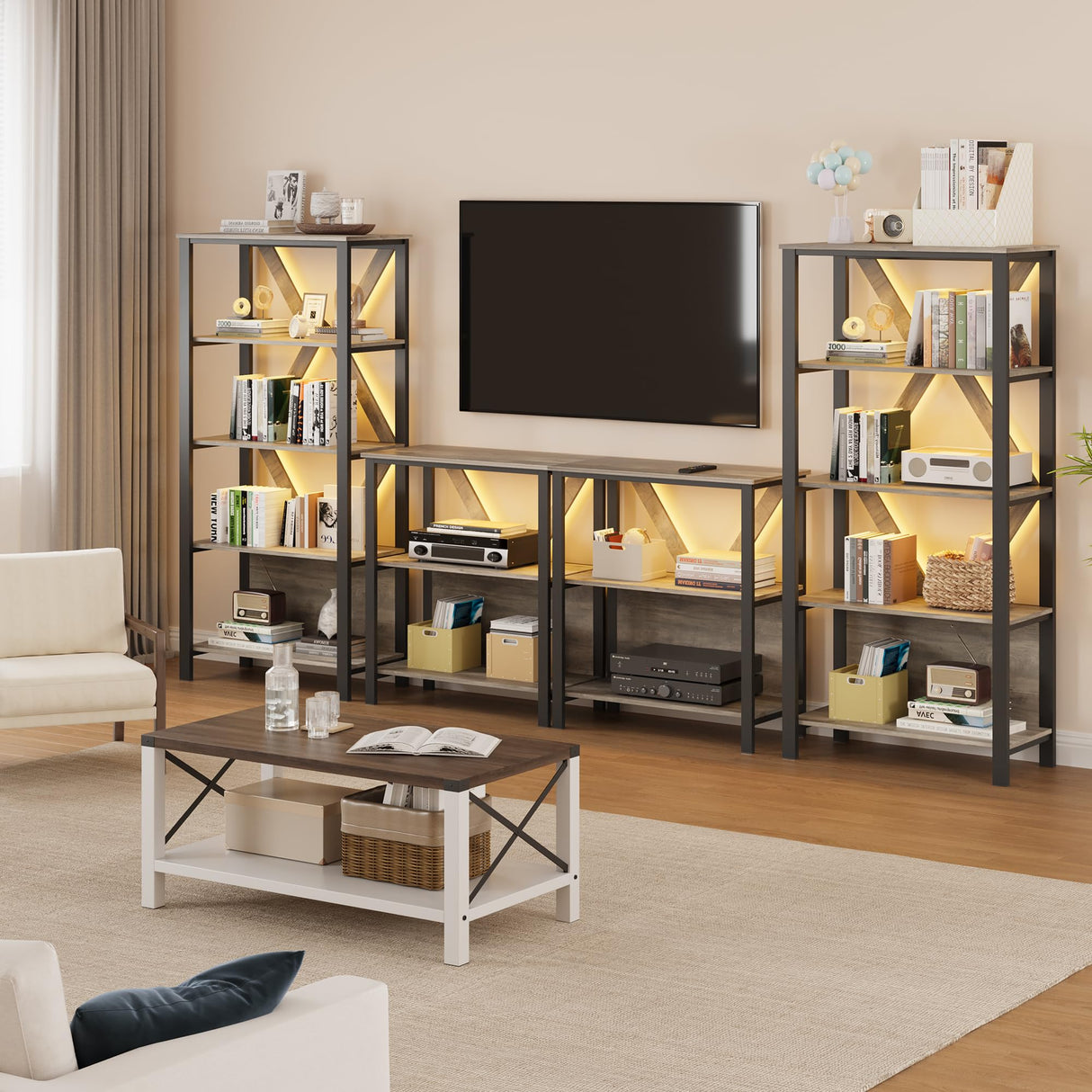 IDEALHOUSE 3 Tier Book Shelf with LED Lights, Grey Industrial Metal Display Book Case, Open Book Shelf Organizer, Tall Bookshelf, Heavy Duty Storage Bookcase for Bedroom Office Living Room IDEALHOUSE