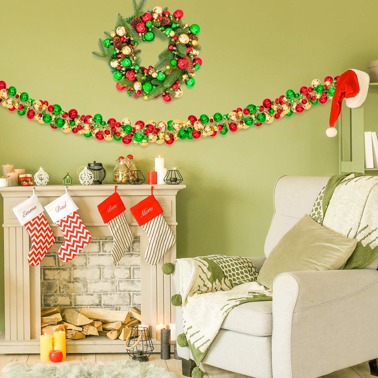 Whaline Christmas Ball Garland Ball Ornaments 6ft Bauble Garland Christmas Tree Ball Decorations Shatterproof Ball Ornament for Xmas Party Supplies, Indoor Outdoor Home Office, Red Green Gold Whaline