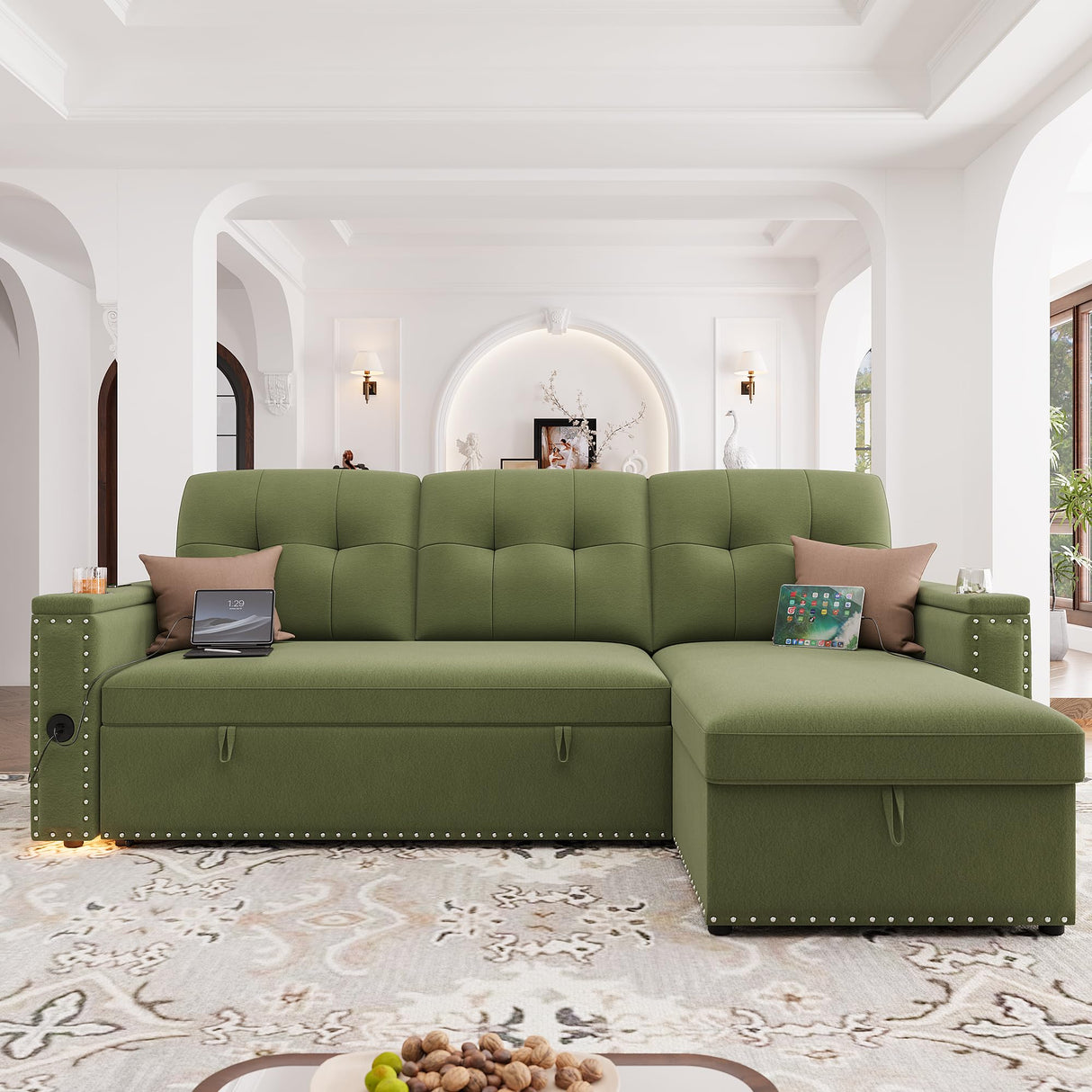 HIFIT Sleeper Sofa Bed- 87" L Shaped Pull Out Couches for Living Room with Storage Chaise, Storage Armrest, LED Light&USB Port&Cupholder, Modern Velvet Sectional Home Sofa Living Room Furniture, Green HIFIT