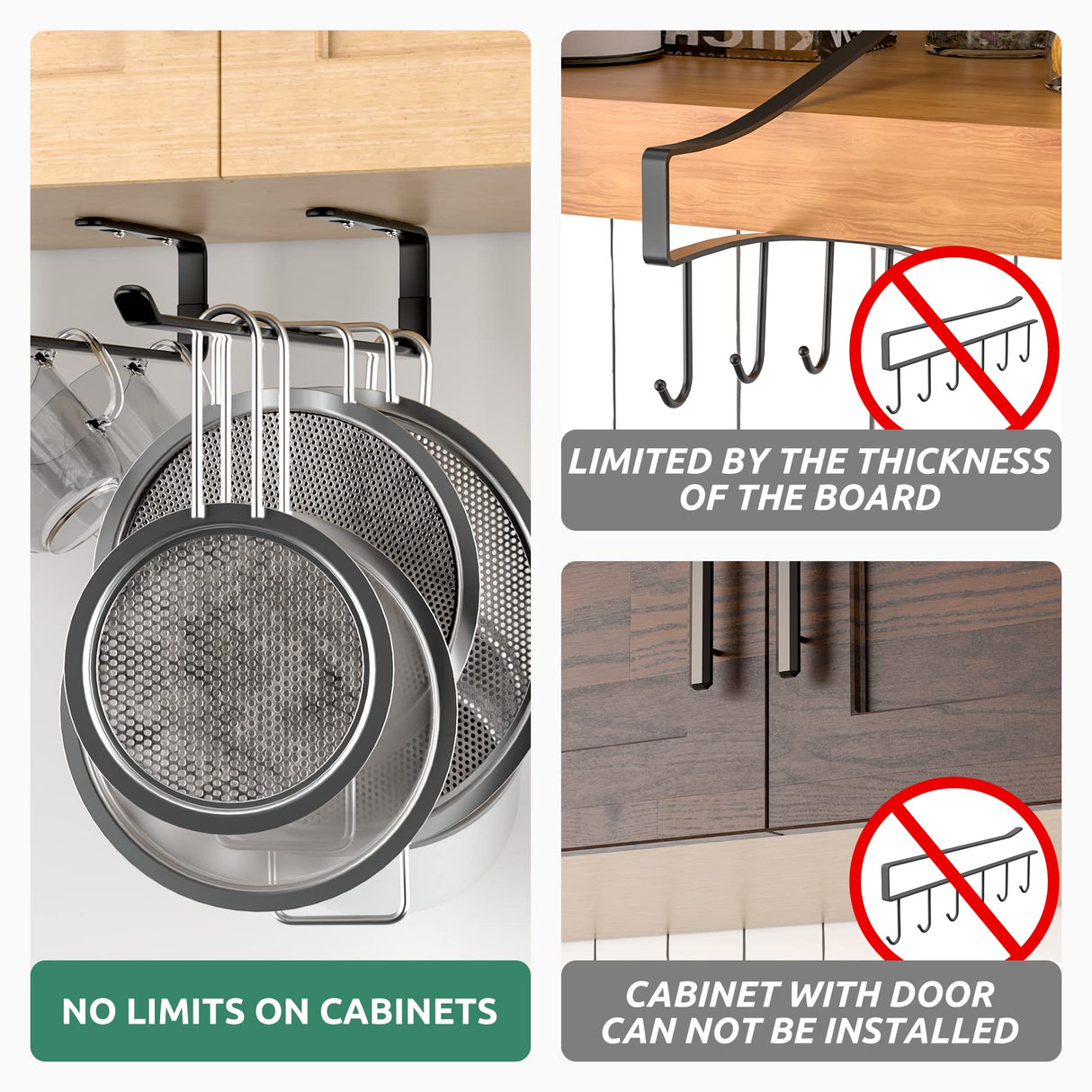 Amazer Coffee Mug Holder Under Cabinet 3 Pack, Metal Sturdy Mug Rack Under Shelf Organizer, Display Hanging Cup Storage Hooks for Bar Kitchen Utensils/Wine Glasses/Tea Cup, Black Amazer