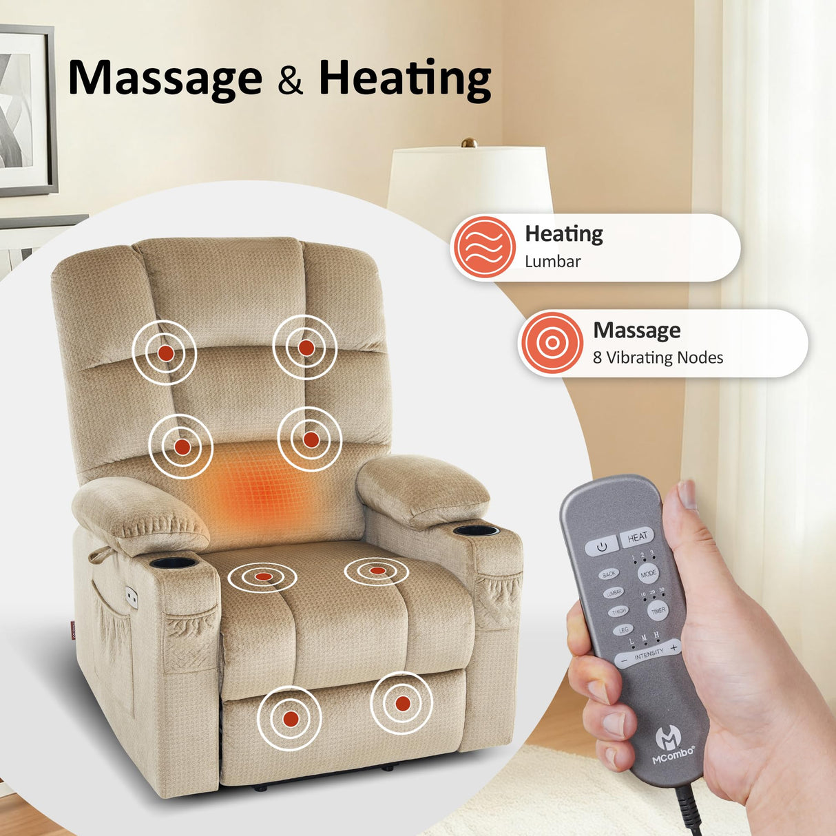 MCombo Large Dual Motor Power Lift Recliner Chair for Elderly, Massage and Heat, Lay Flat, Zero Gravity, Home Button, USB Port, Fabric 7680 (Large, Beige) MCombo