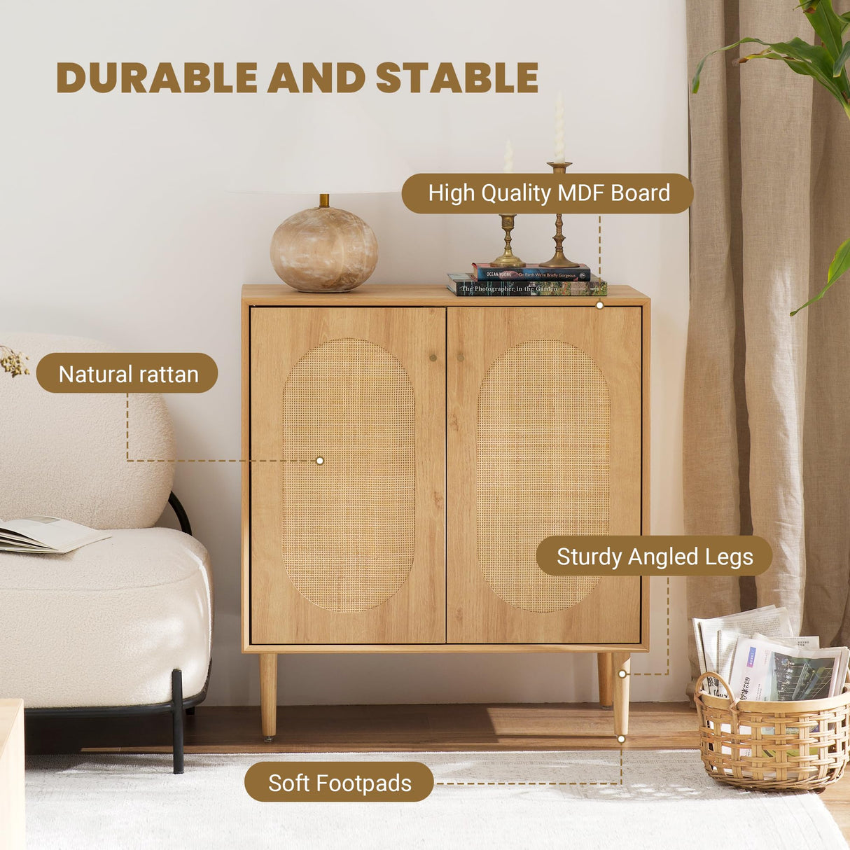 THEETAYY Storage Cabinet Sideboard with Rattan Doors, Boho Buffet Sideboard Bar Cabinet Farmhouse Credenza Cabinet with Sturdy Wooden Legs with Leveler for Living Room,Kitchen,Hallway THEETAYY