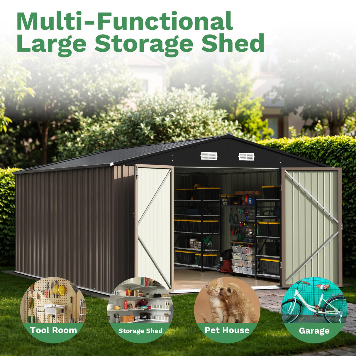Patiowell 10x14 FT Outdoor Storage Shed, Large Metal Garden Shed with Lockable Door and Sloping Roof, Outside Steel Utility Tool Sheds for Backyard Lawn Garden Patio, Brown Patiowell