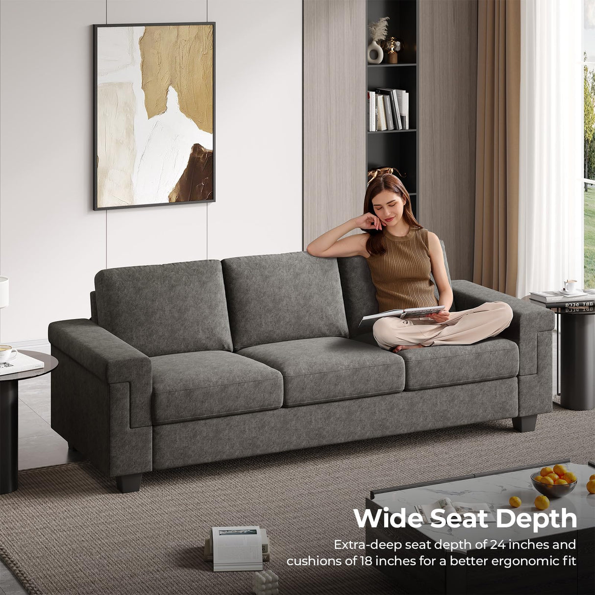 COPIAE 3 Seater Sofa Couch with Deep Seat, 90" Modern Upholstered Sofa with Armrests, Easy Installation, Comfy Couches for Living Room, Apartment, Gray COPIAE