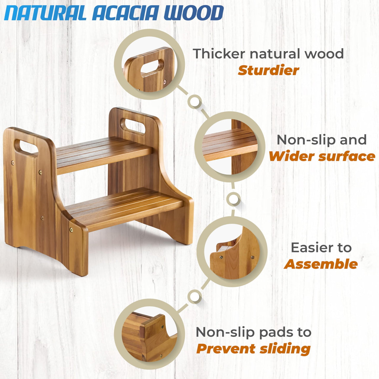 2BHOME Wooden Step Stool, Heavy Duty Two-Step Stool for Adults with Built-in Handle, Wooden Stepping Stool with 500Lbs Capacity for Kitchen & Bathroom, Non-Slip Wood Bedside Bed Steps for High Beds 2BHOME