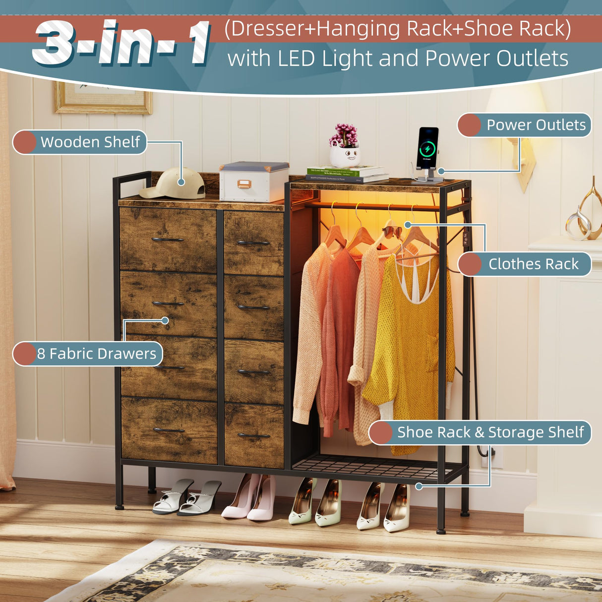 HIGDBFE Dresser with Hanging Rack, 8-Drawer Dresser for Bedroom with Charging Station & LED Lights, Kids Dressers with Shoe Rack, Rustic Brown, 11.8" D x 42" W x 42.7" H (8 Drawers) HIGDBFE