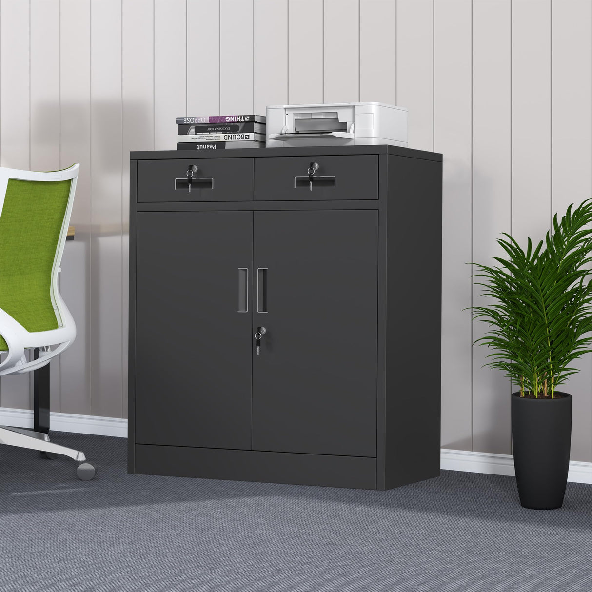 JINKUR Metal Storage Cabinet with Locking Doors and Adjustable Shelf, Lockable Storage Cabinets with Drawers for Home Office Garage Kitchen Pantry (Black) JINKUR