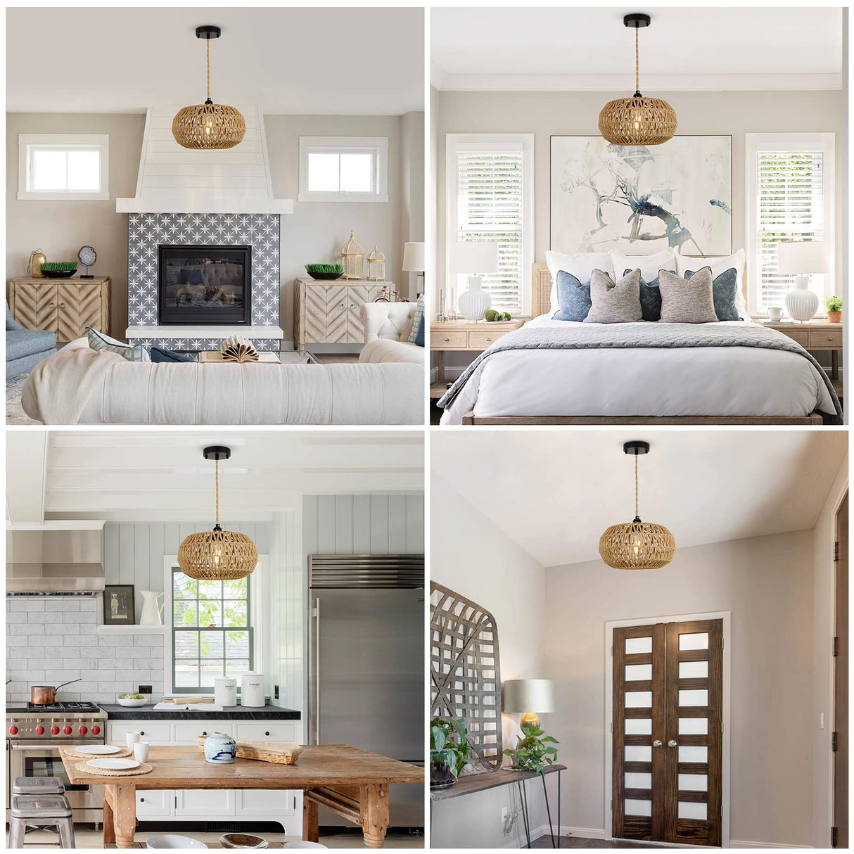 Farmhouse LED Rattan Pendant Lights, Boho Chandelier Light Fixture, Rustic Wicker Hand Woven Rope Cage Basket Pendant Hanging for Dining Room Living Room Kitchen Bedroom Nursery Foyer Hallway Entryway Stepeak