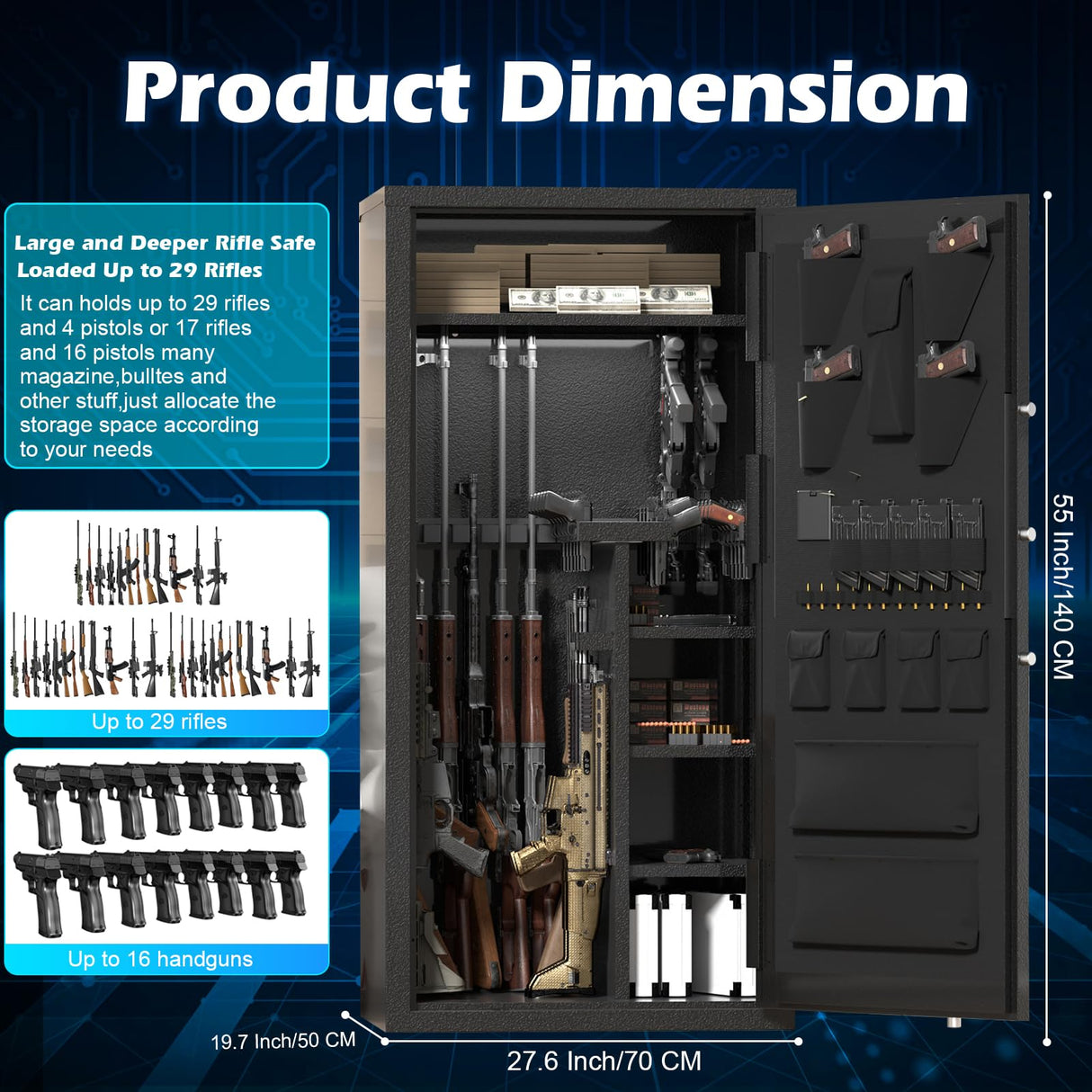 Large Rifle Safe, 30 Gun Safe for Rifle and Shotgun/Rifle Pistol Rack/Storage Pocket/Removable Shelf/Silent Mode/External Battery/LED,180° Open Door Panel Organizer Gun Cabinet Unassembled (Updated) TTSITG