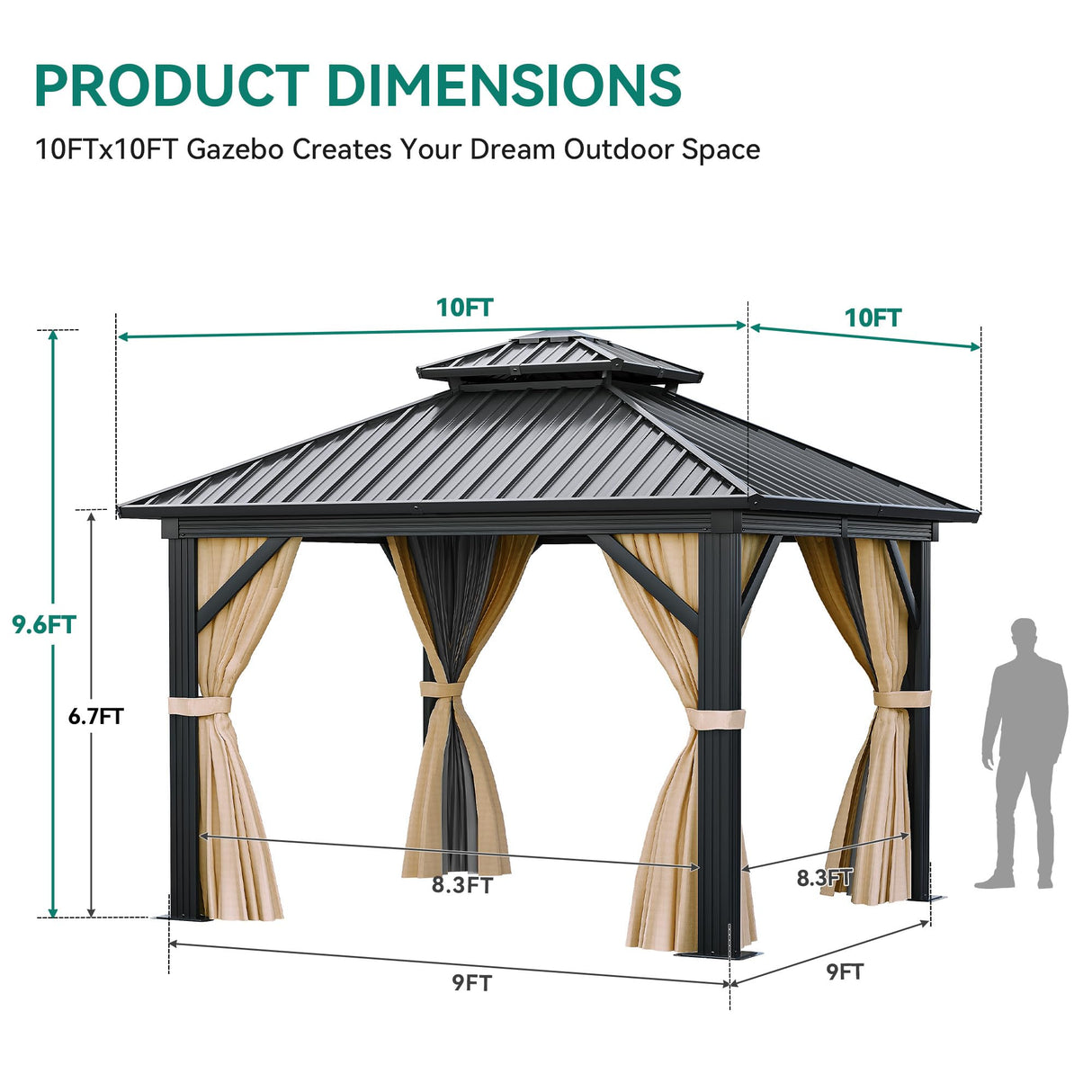 YITAHOME 10x10ft Gazebo Double Roof Canopy with Netting and Curtains, Outdoor Gazebo 2-Tier Hardtop Galvanized Iron Aluminum Frame Garden Tent for Patio, Backyard, Deck and Lawns YITAHOME